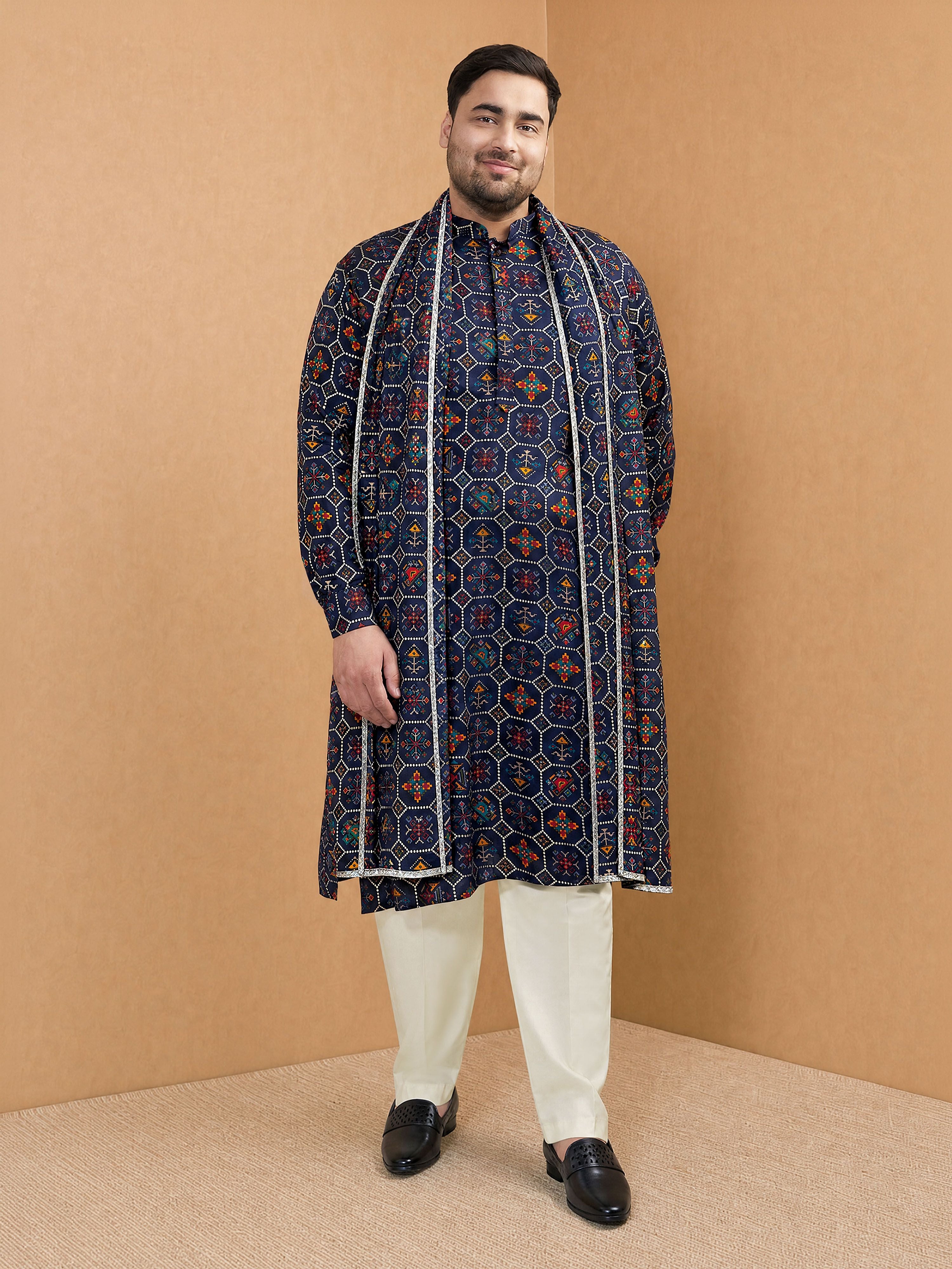 Men's Blue Silk-Blend Digital Print Knee Length Kurta and Pyjama with Dupatta