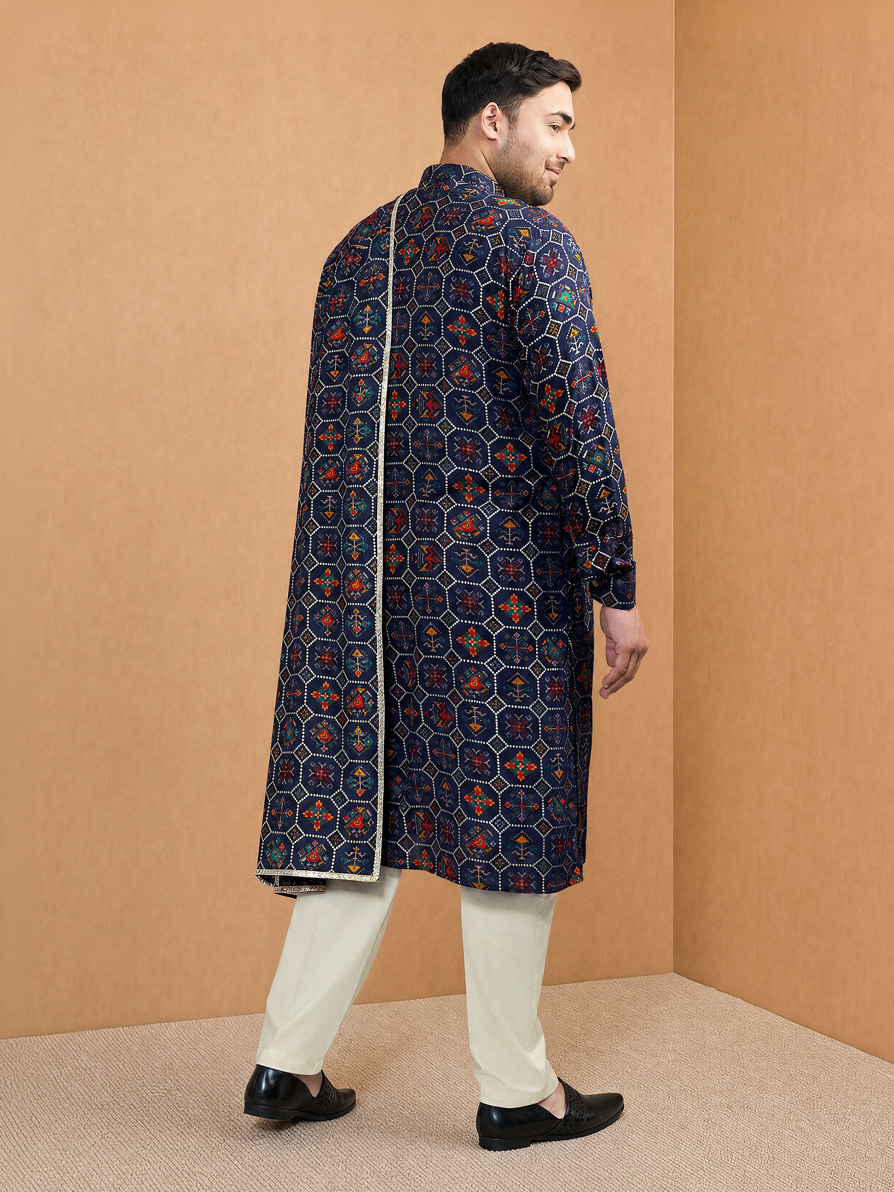 Men's Blue Silk-Blend Digital Print Knee Length Kurta and Pyjama with Dupatta