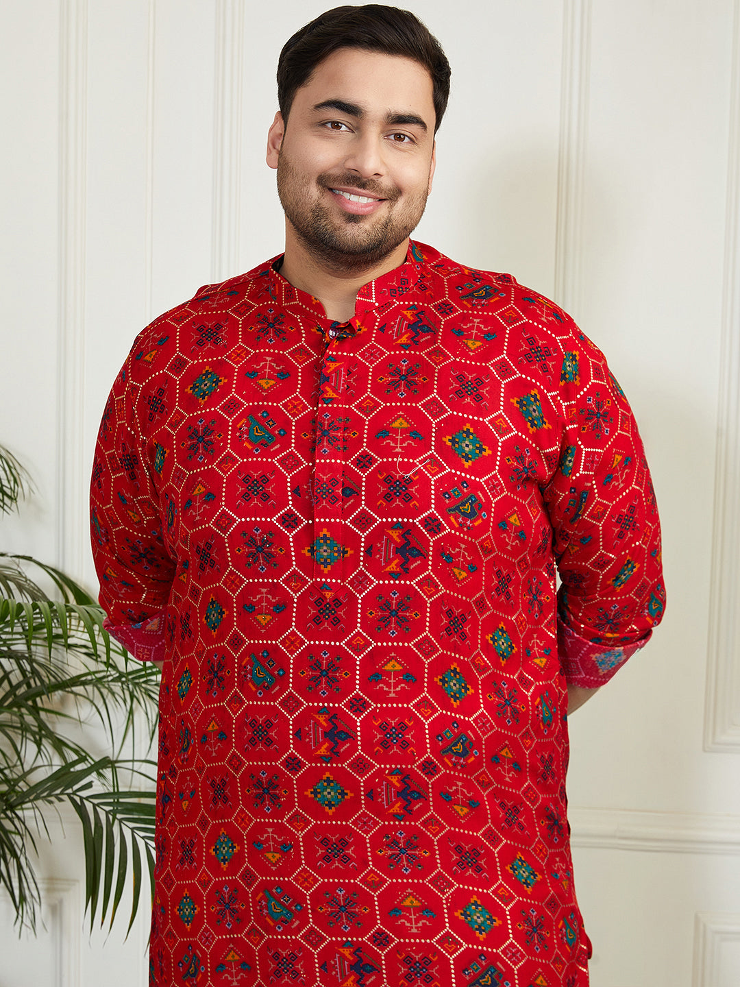 Plus Men's Red Cotton Blend Kurta