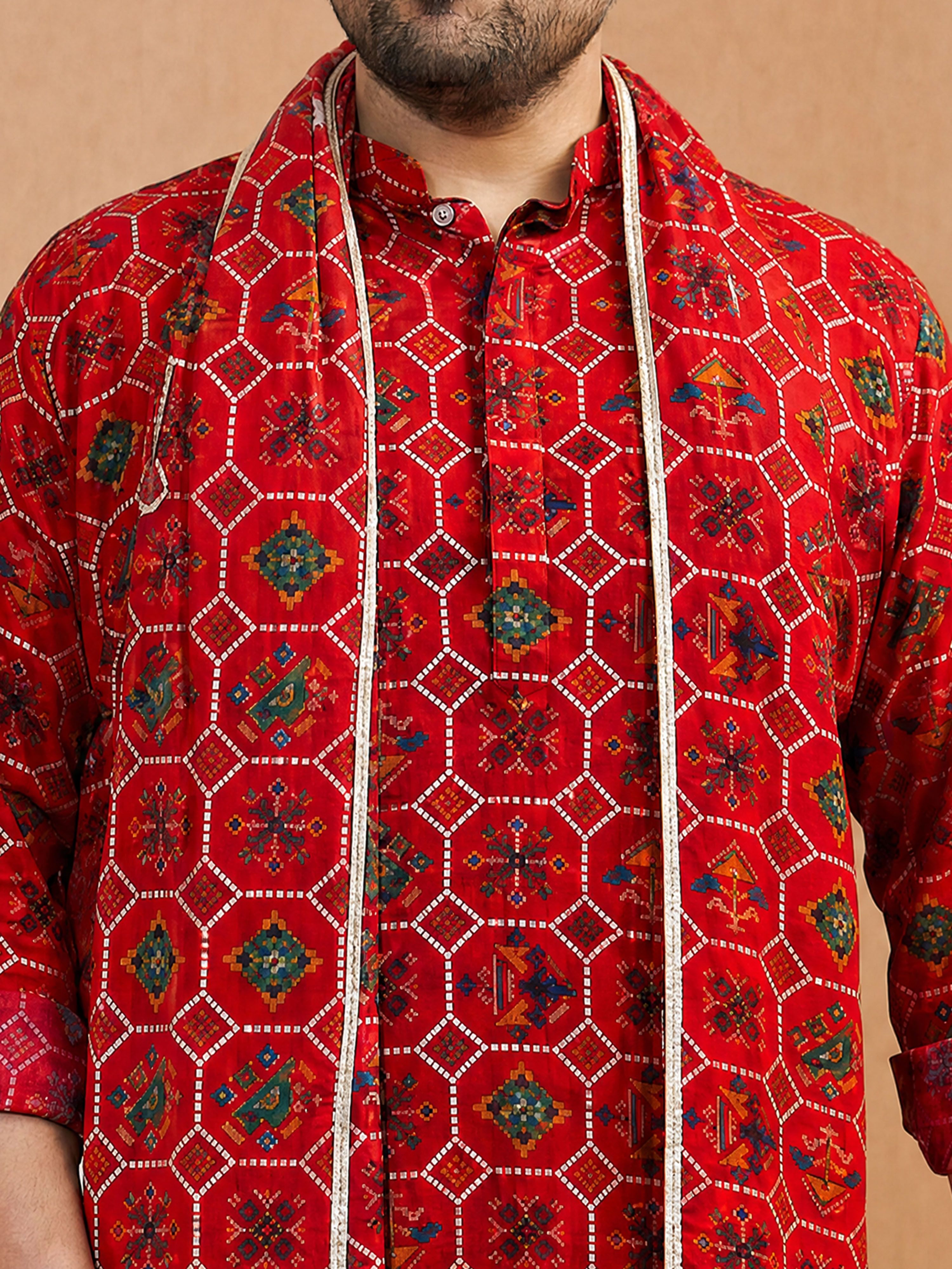 Men's Red Silk-Blend Digital Print Knee Length Kurta and Pyjama with Dupatta