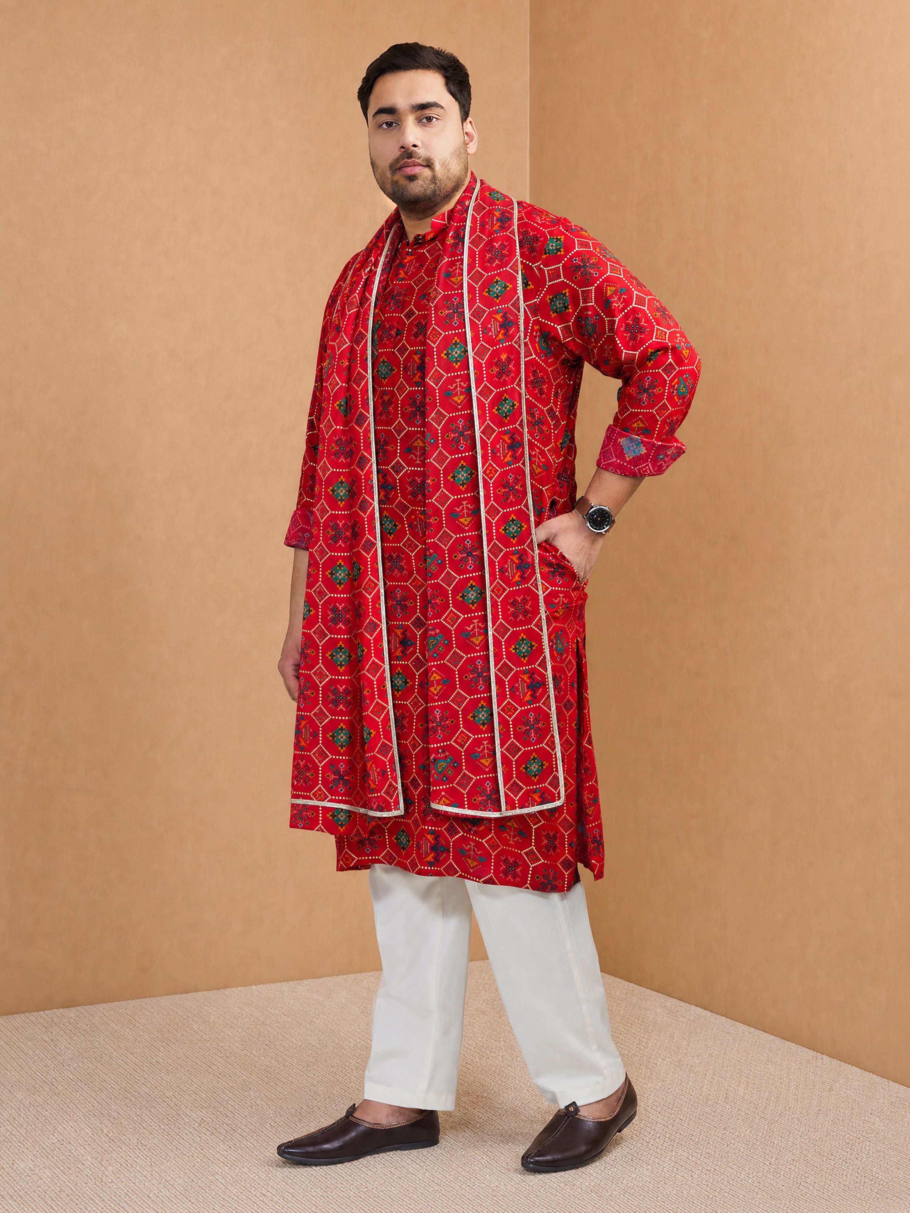 Men's Red Silk-Blend Digital Print Knee Length Kurta and Pyjama with Dupatta