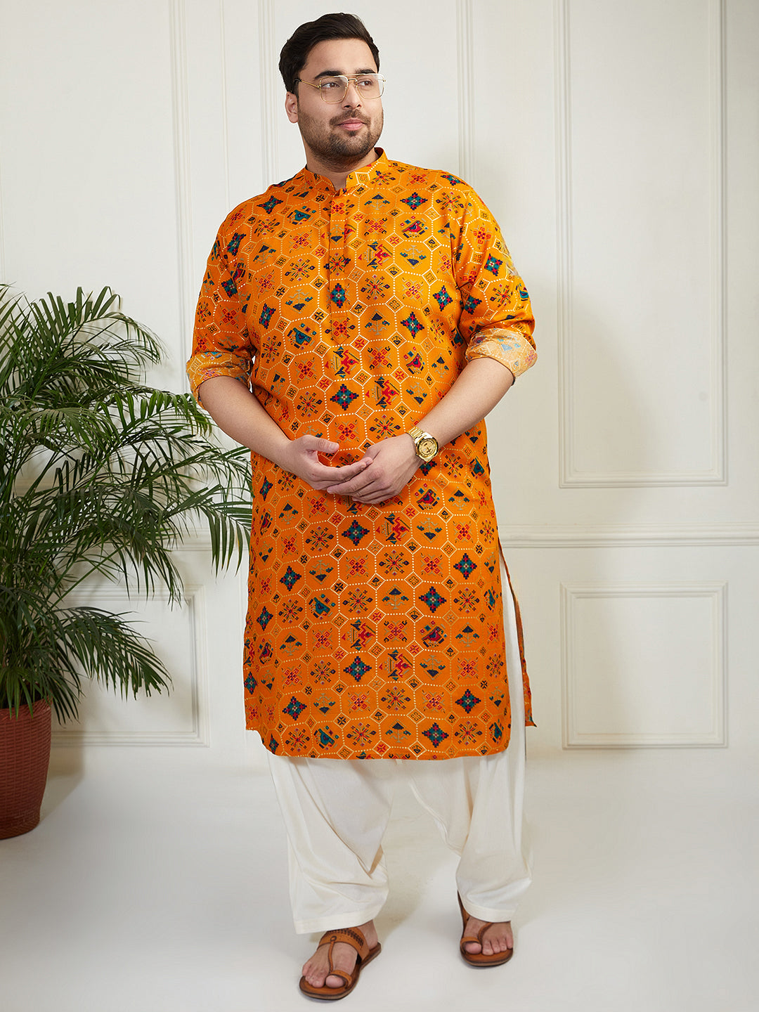 Plus Men's Yellow And Cream Cotton Blend Kurta And Patiala Set