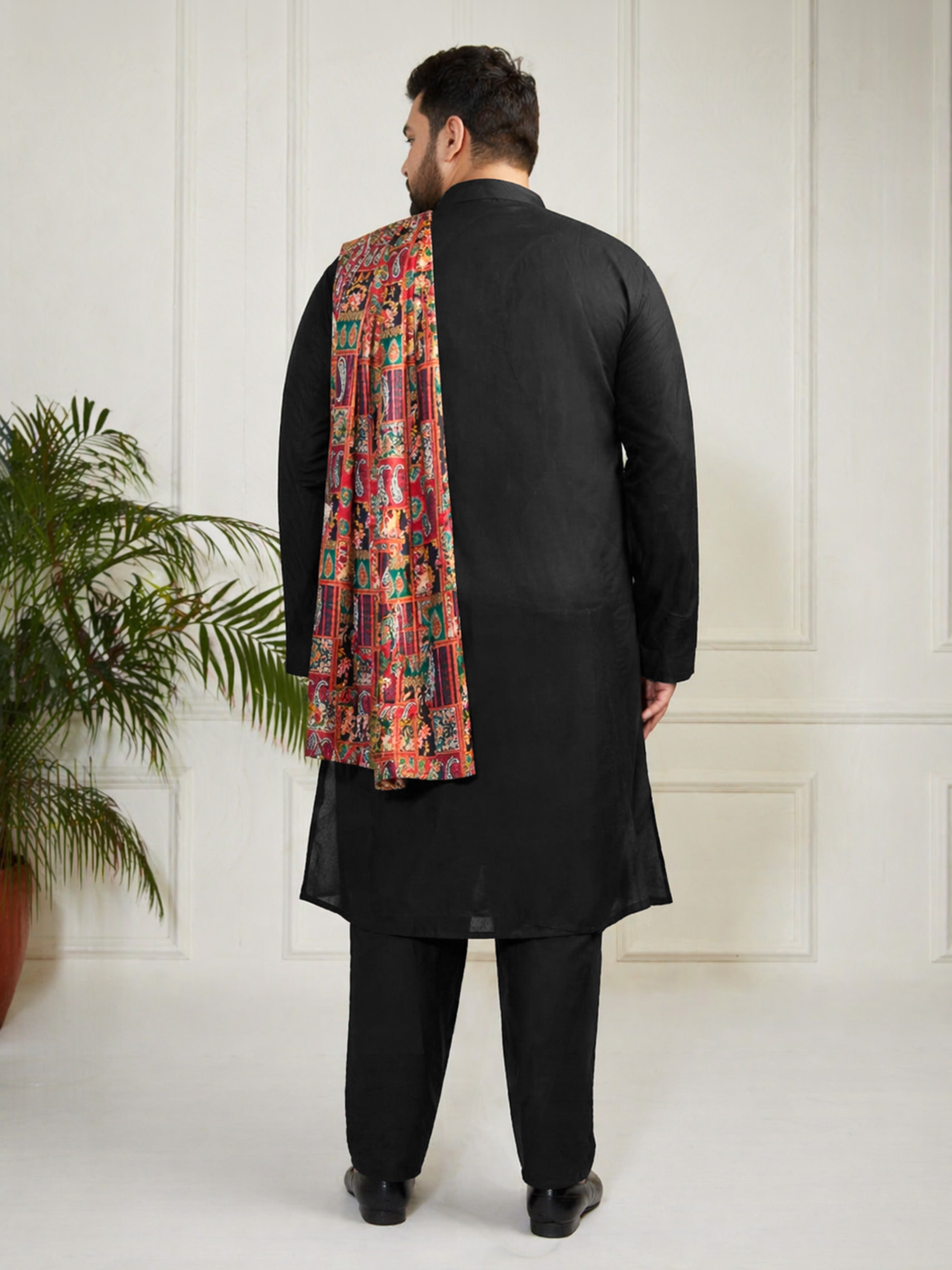 Men's Black Silk Blend Solid Thigh Length Kurta Pant Set with Pyjama