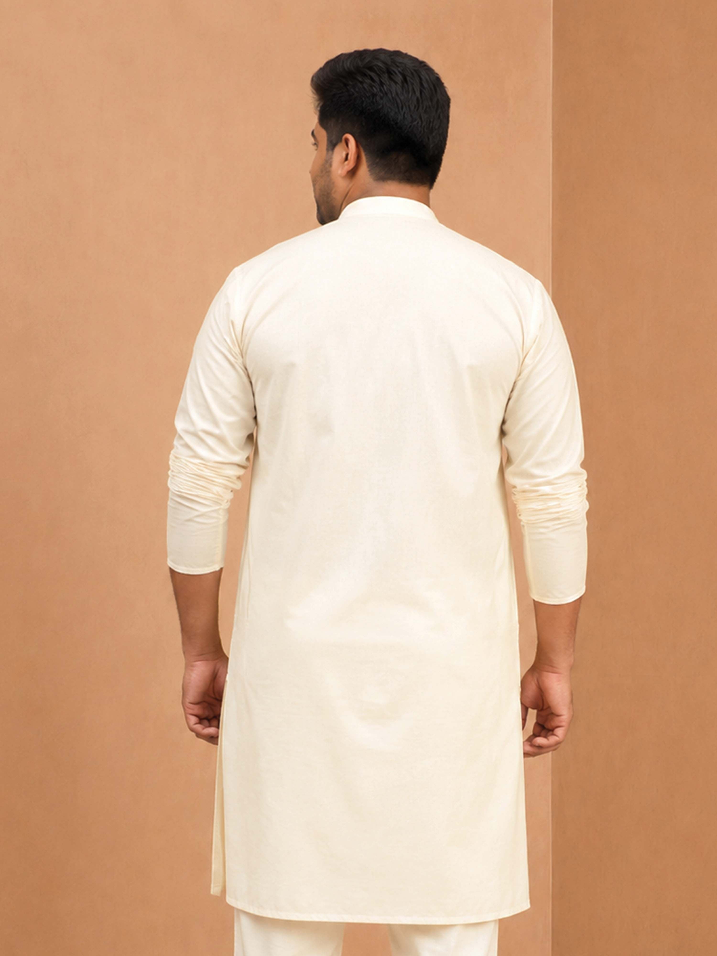 Men's Cream Viscose Solid Regular Kurta