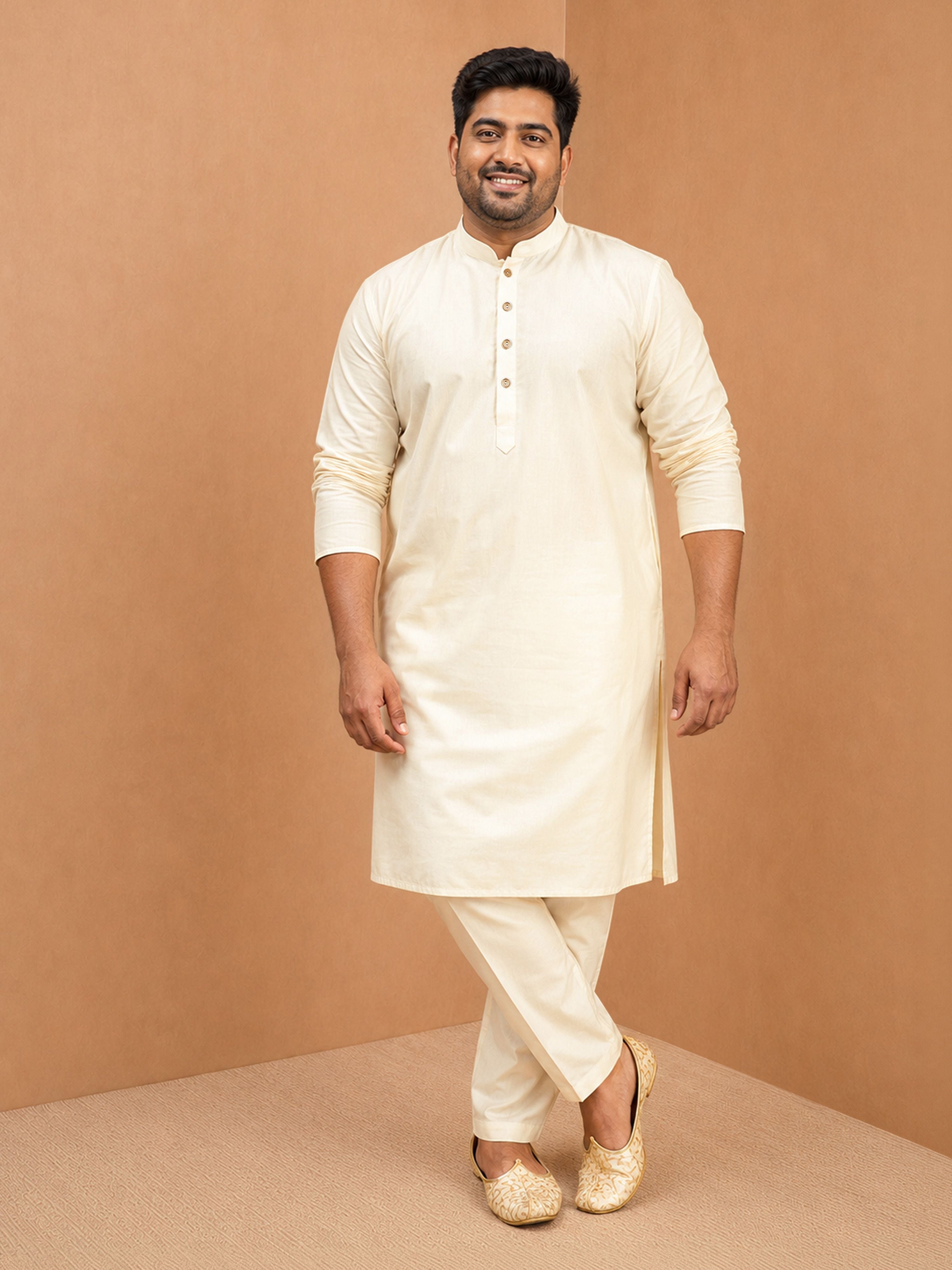 Men's Cream Viscose Solid Regular Kurta