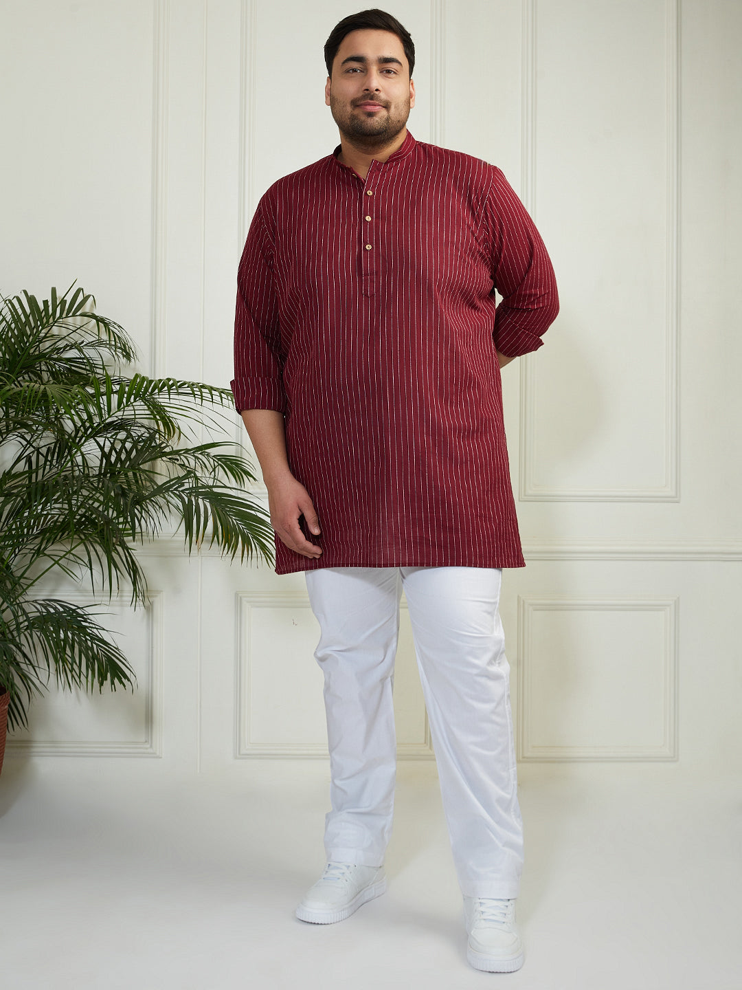 Plus Men's Maroon And White Cotton Kurta Pyjama Set