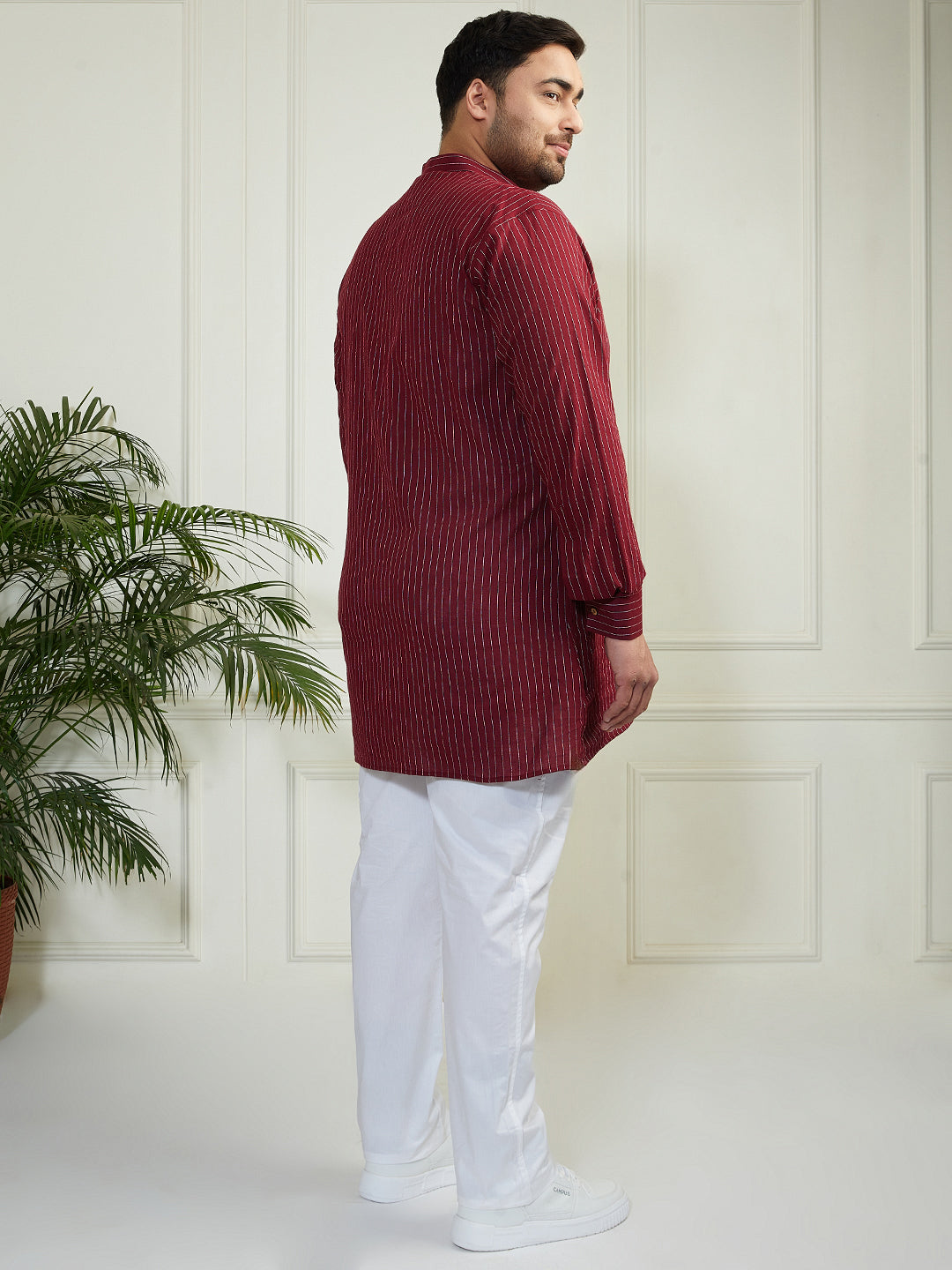 Plus Men's Maroon And White Cotton Kurta Pyjama Set