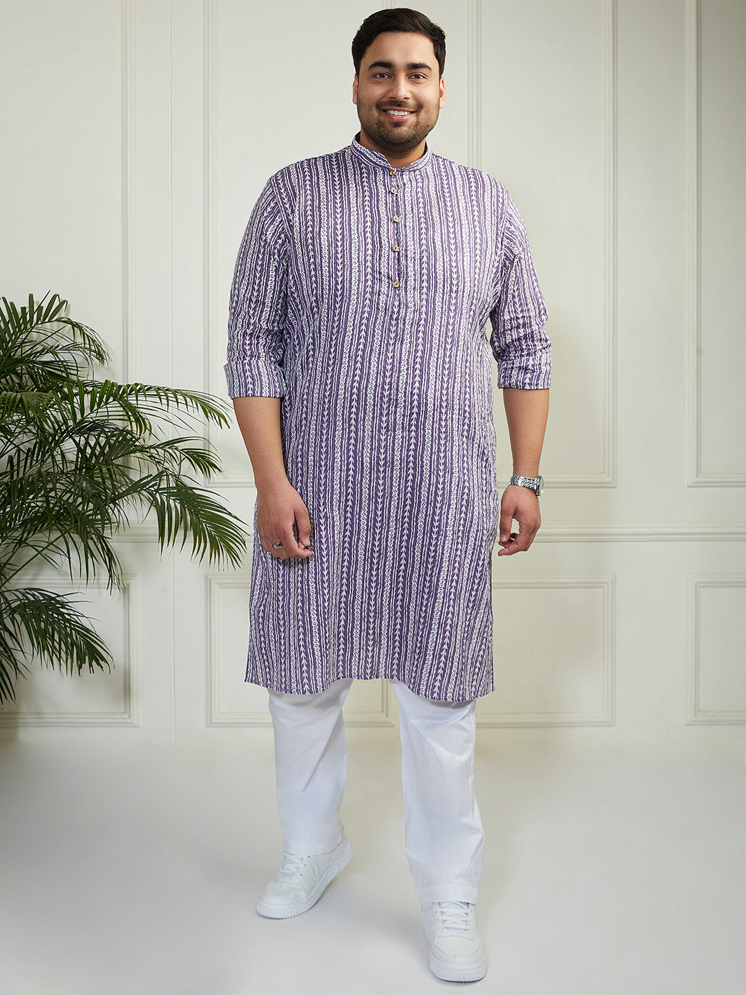 Plus Men's Purple And White Cotton Kurta Pyjama Set