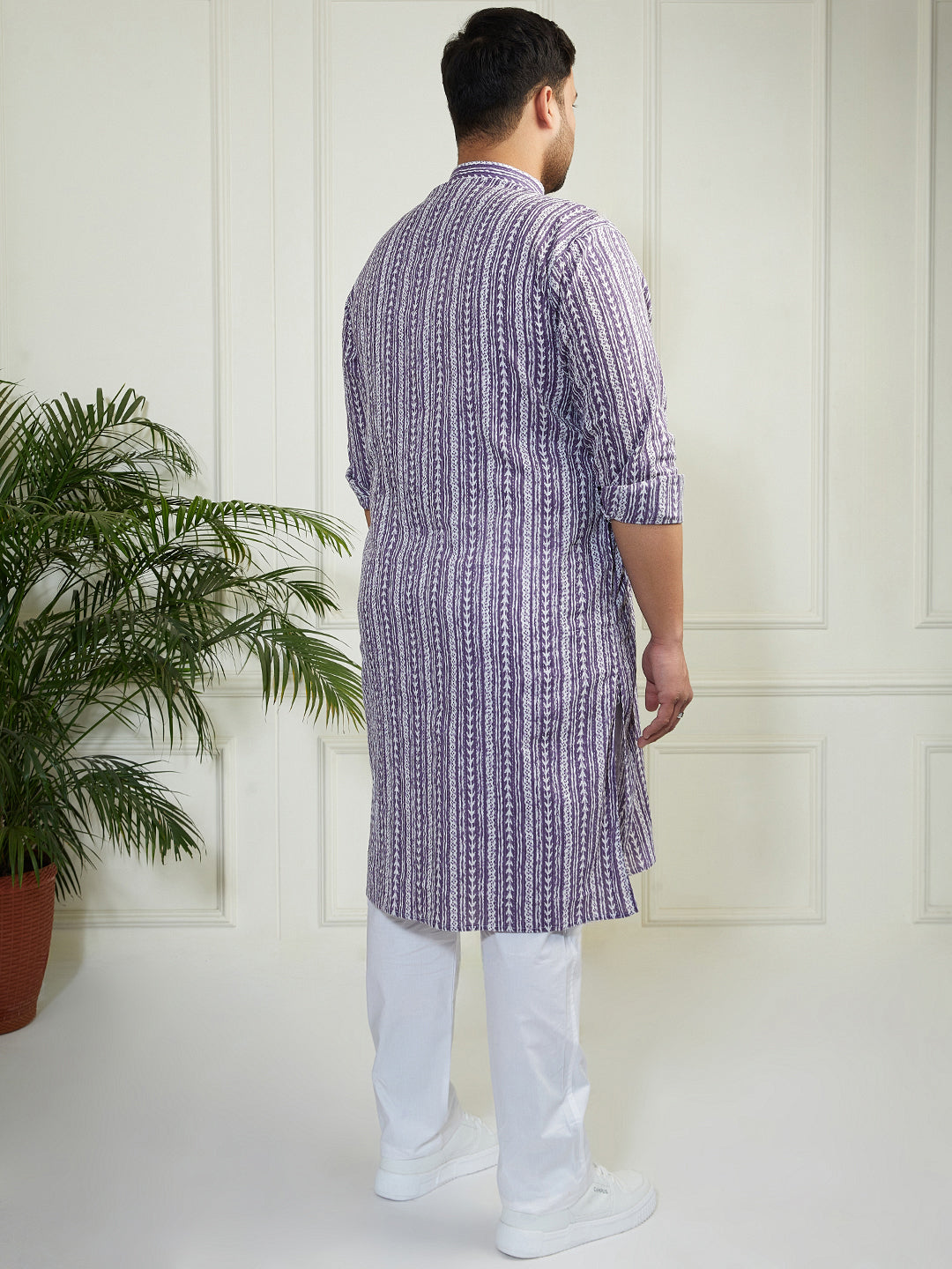 Plus Men's Purple And White Cotton Kurta Pyjama Set