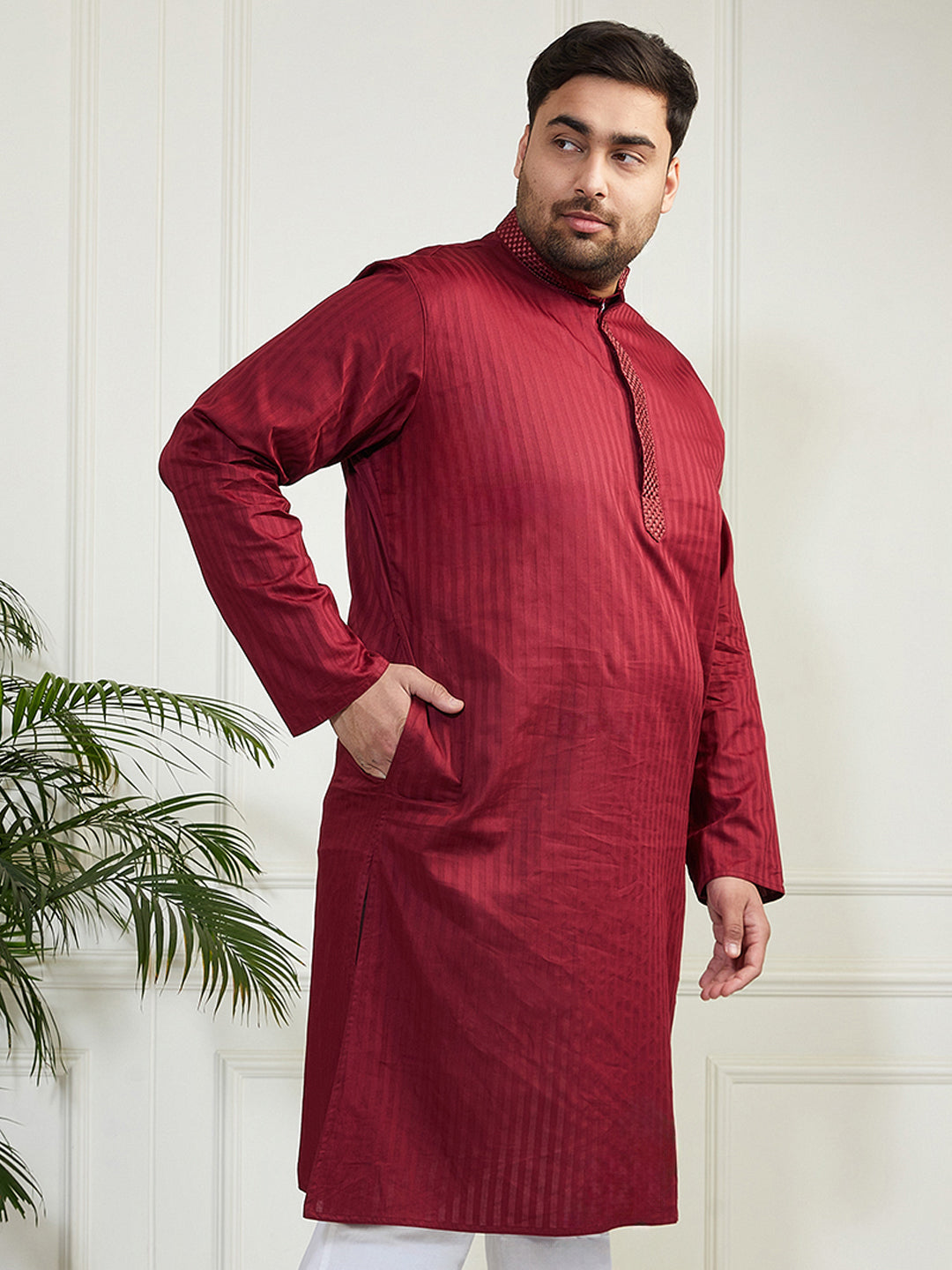 Plus Men's Maroon Cotton Blend Kurta