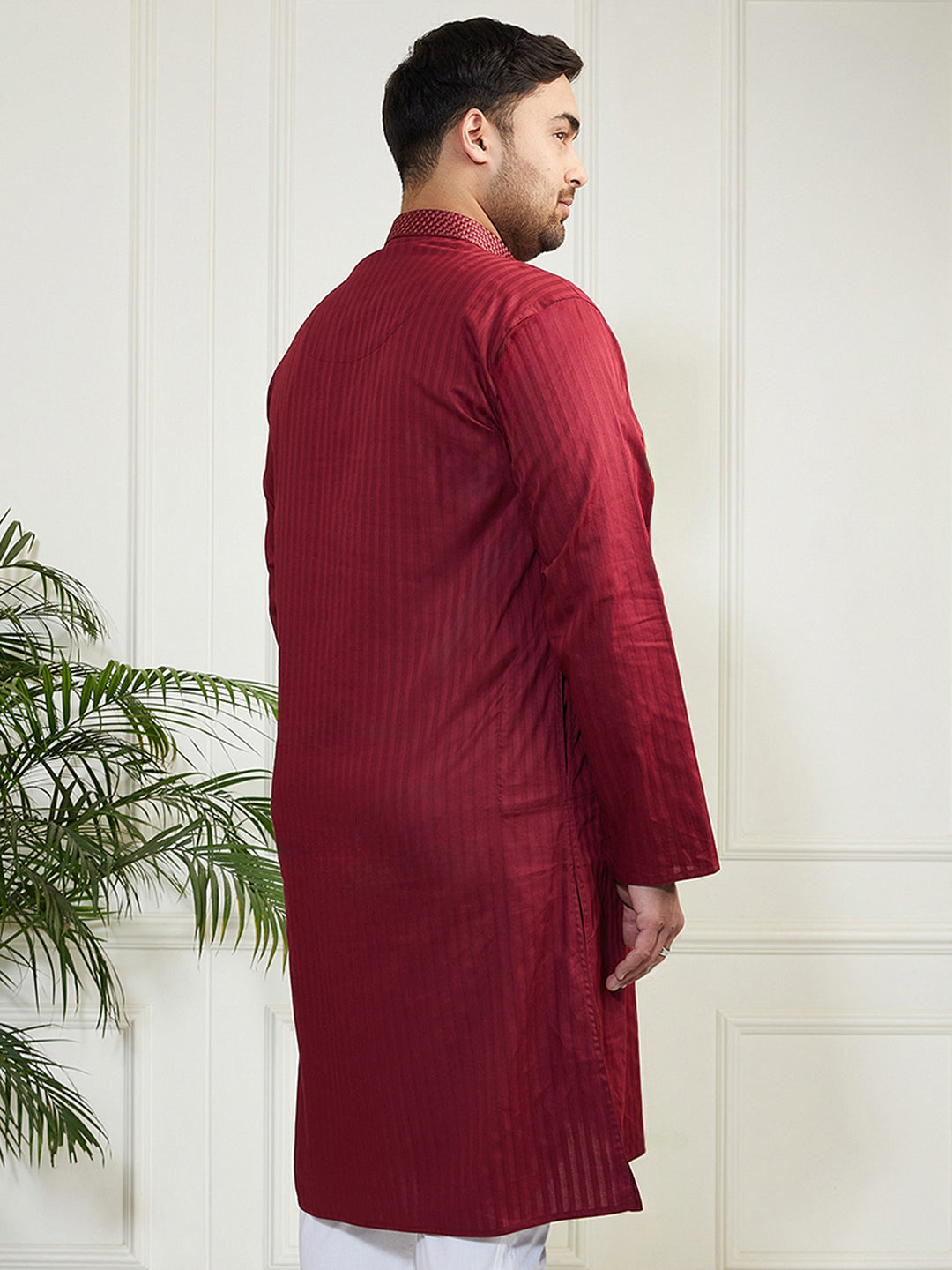 Plus Men's Maroon Cotton Blend Kurta