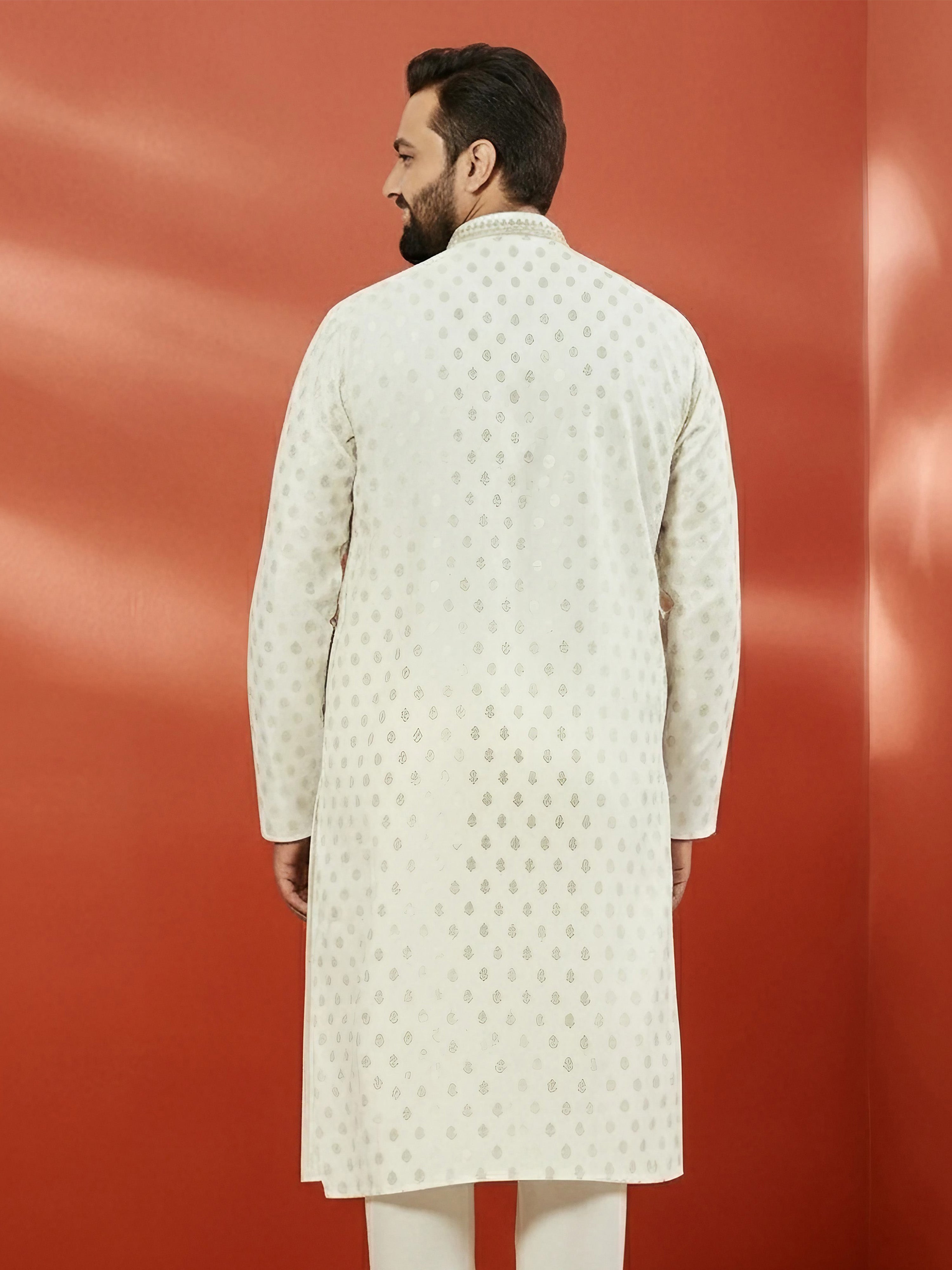 Men's Cream Silk Jacquard Kurta