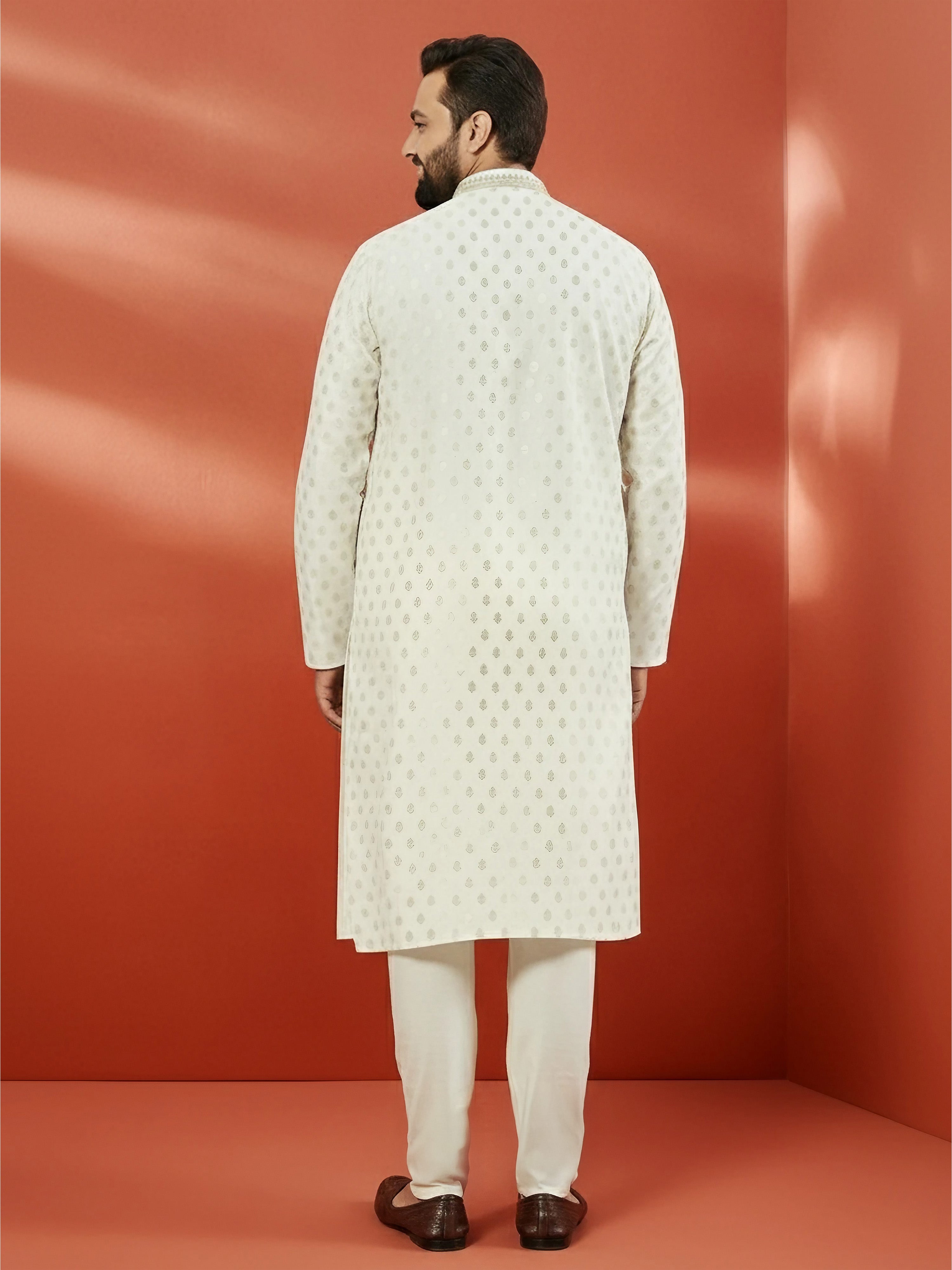 Men's Cream Silk Jacquard Kurta with Pyjama