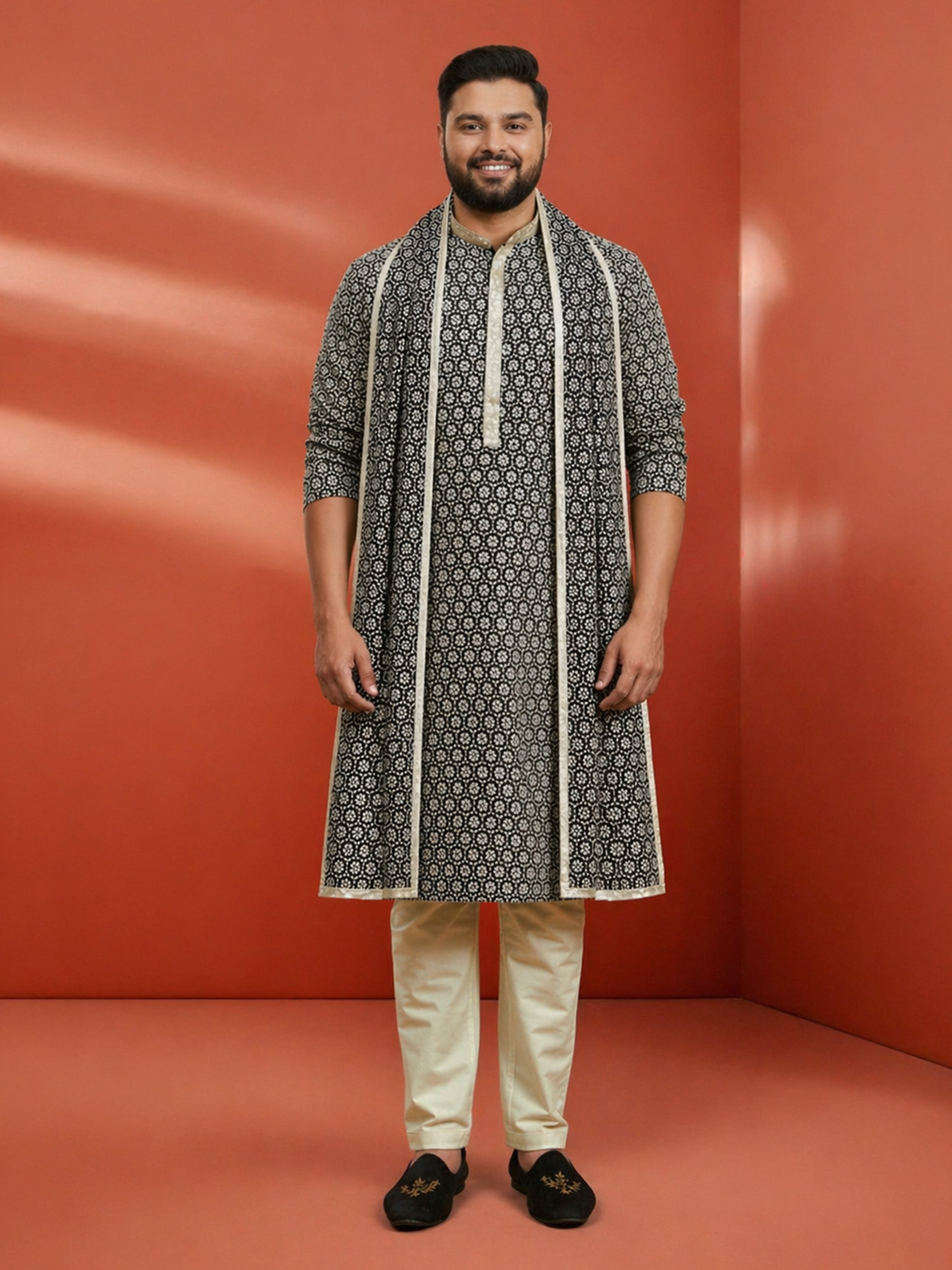 Men's Black Rayon Geometry Thigh Length Kurta Pant Set with Pyjama