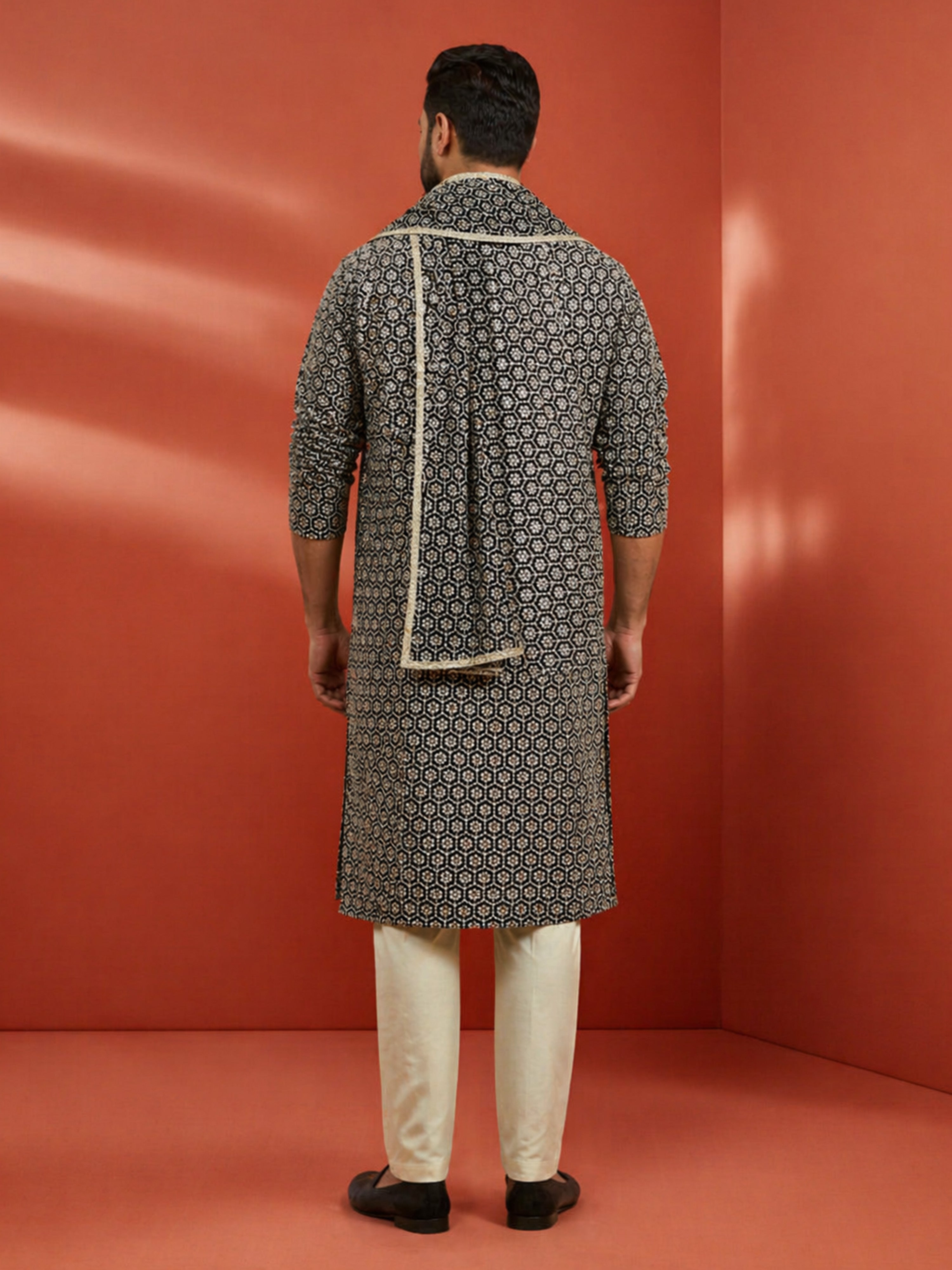 Men's Black Rayon Geometry Thigh Length Kurta Pant Set with Pyjama