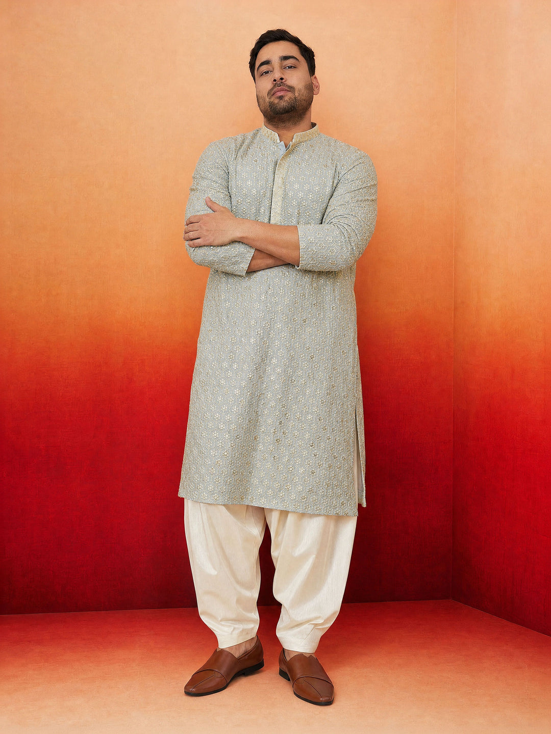 Men Grey Rayon Kurta with Patiala Festive Ethnic Wear