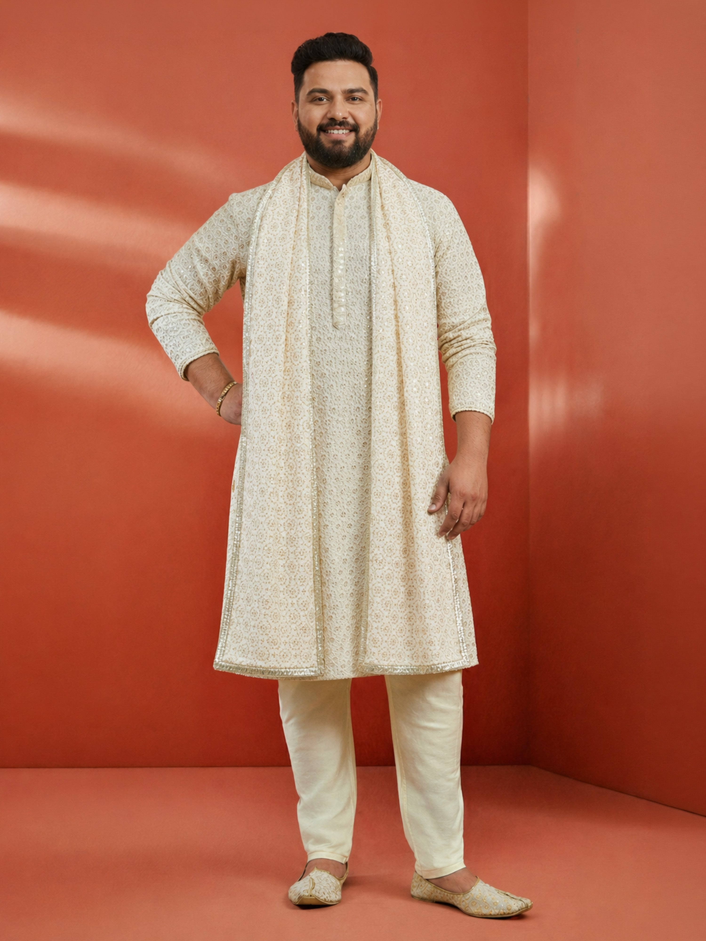 Off-White Rayon Sequin Kurta Dupatta Set for Men