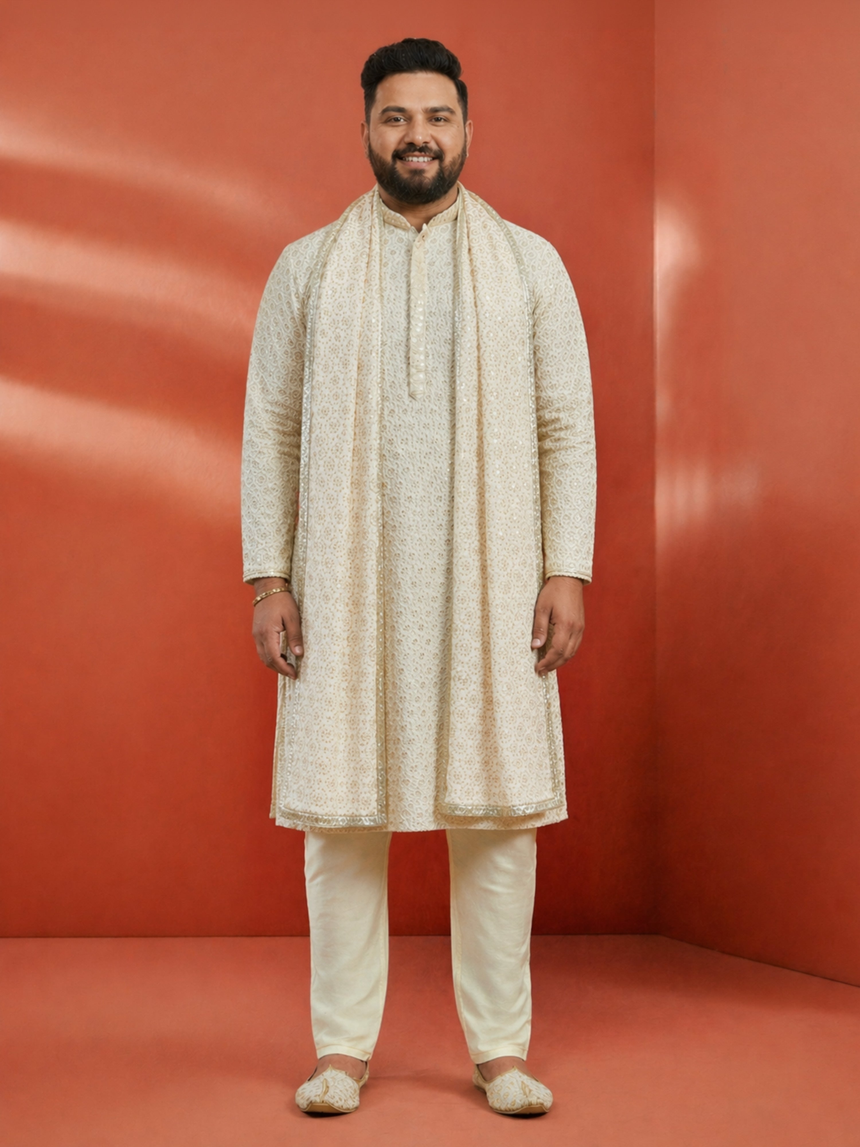 Men's Off-White Rayon Geometry Thigh Length Kurta Pant Set with Pyjama