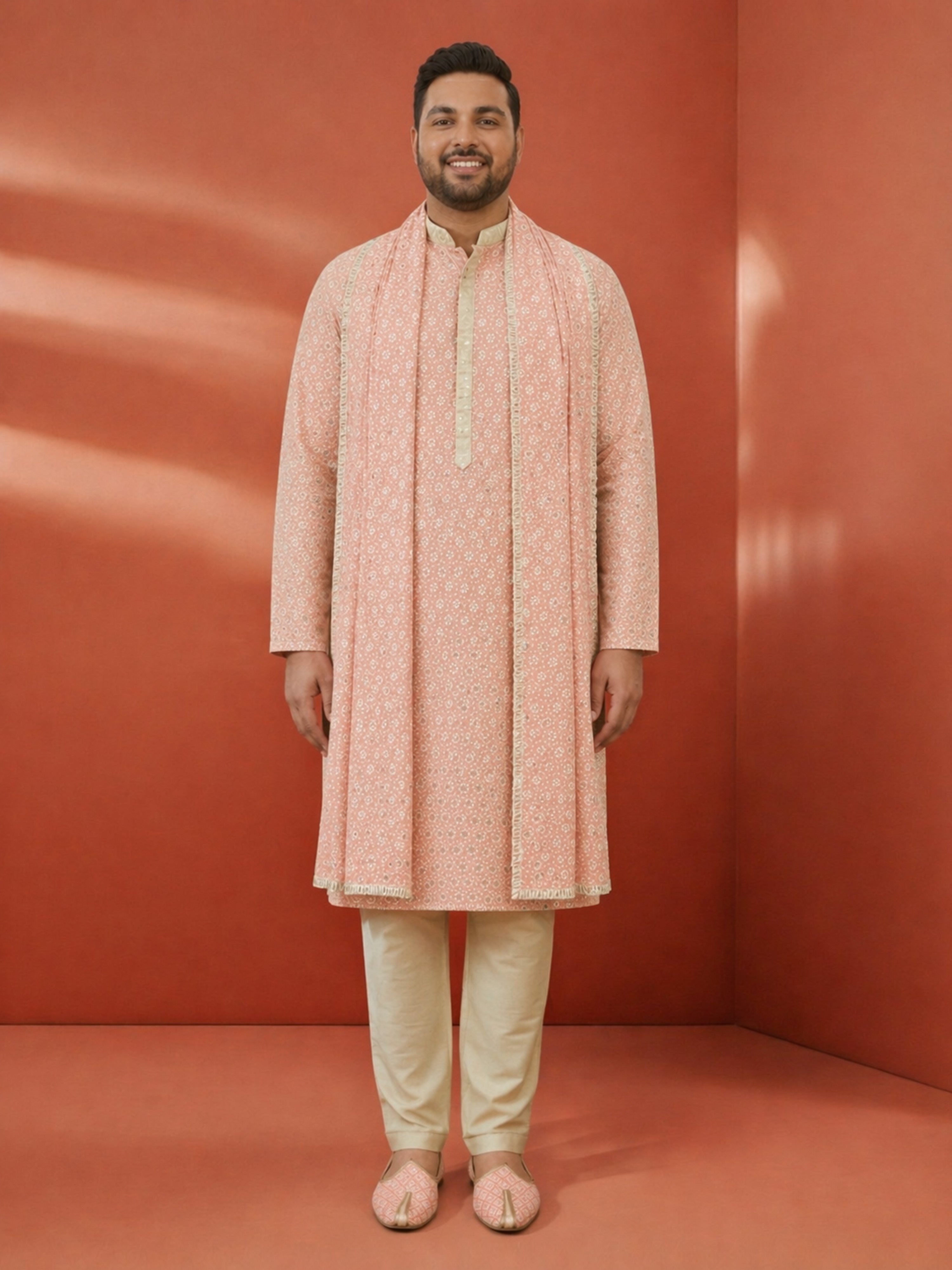 Men's Peach Geometric Printed Zari Work Thigh-Length Kurta with Pyjama and Dupatta