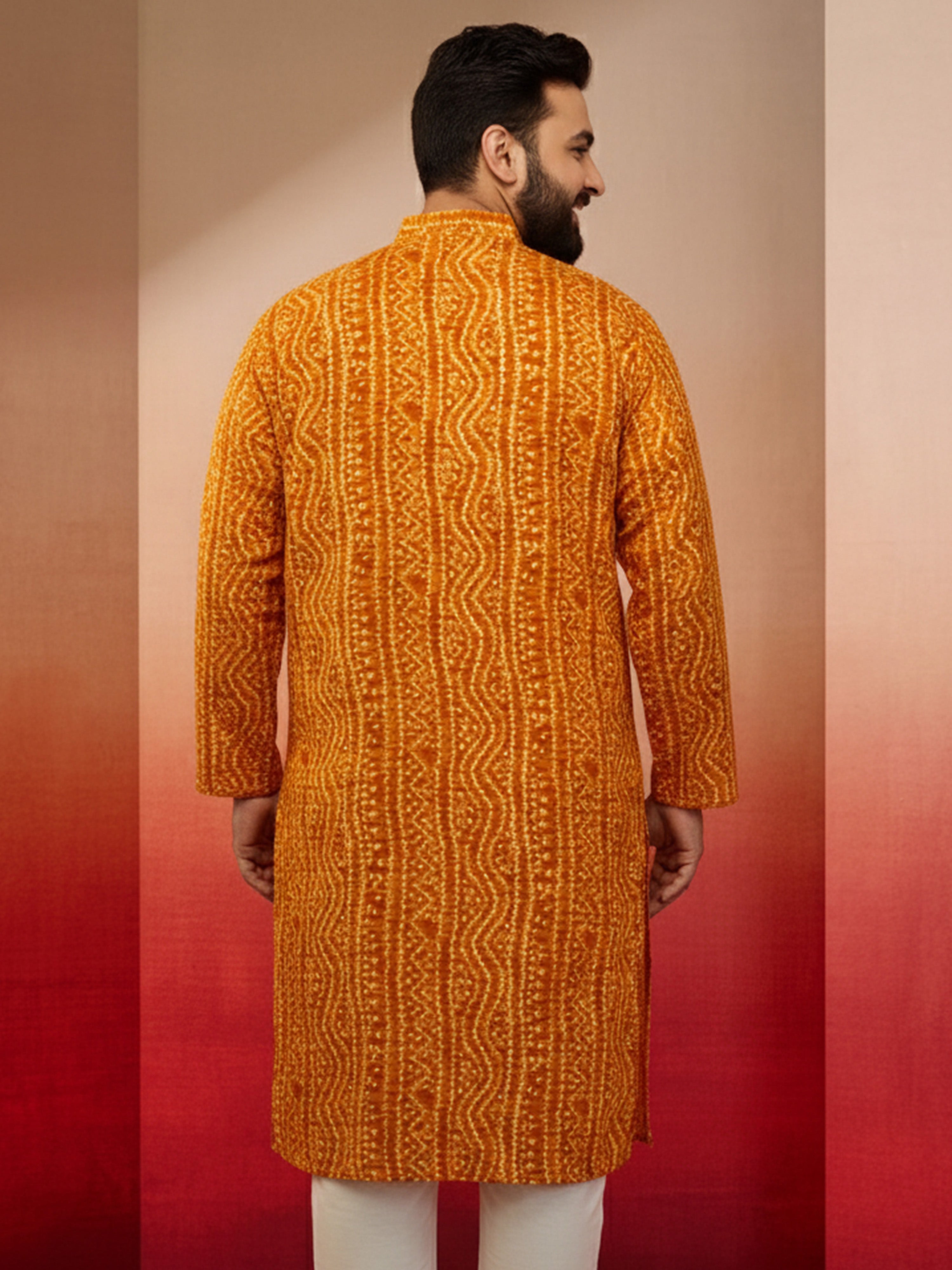 Men's Plus Mustard Bandhani Kurta