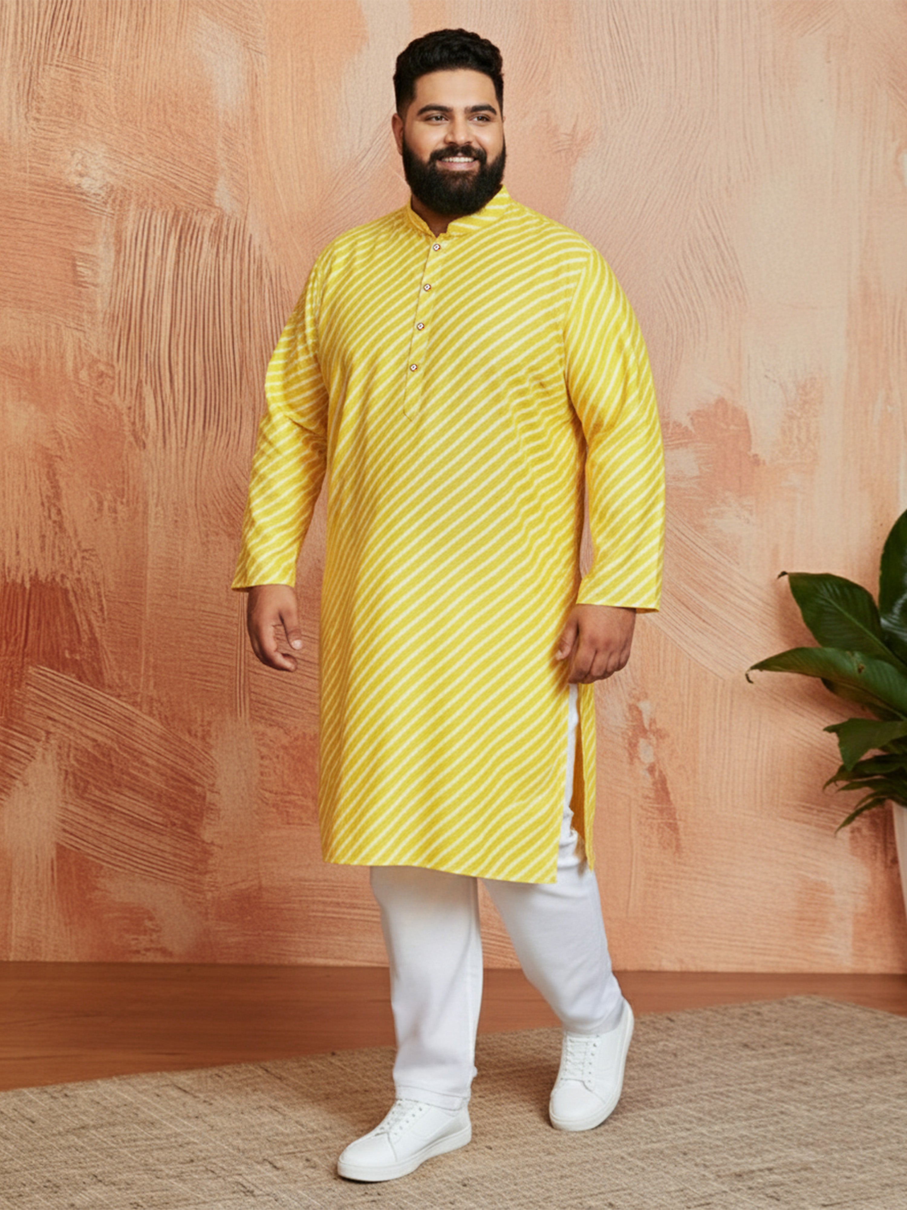 Men's Yellow Cotton Lehariya Print Kurta with Cream Pyjama Set