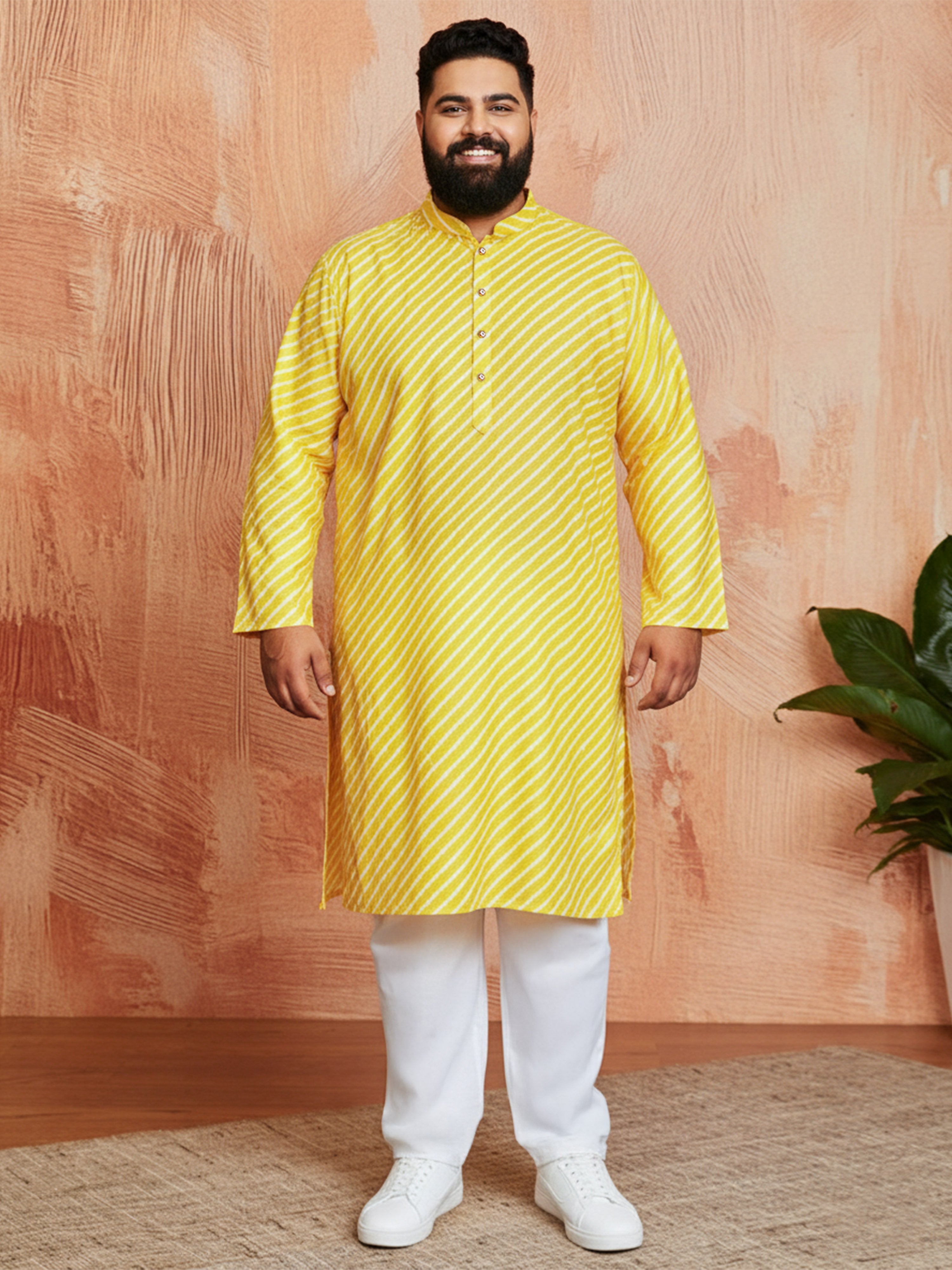 Men's Yellow Cotton Lehariya Print Kurta with Cream Pyjama Set