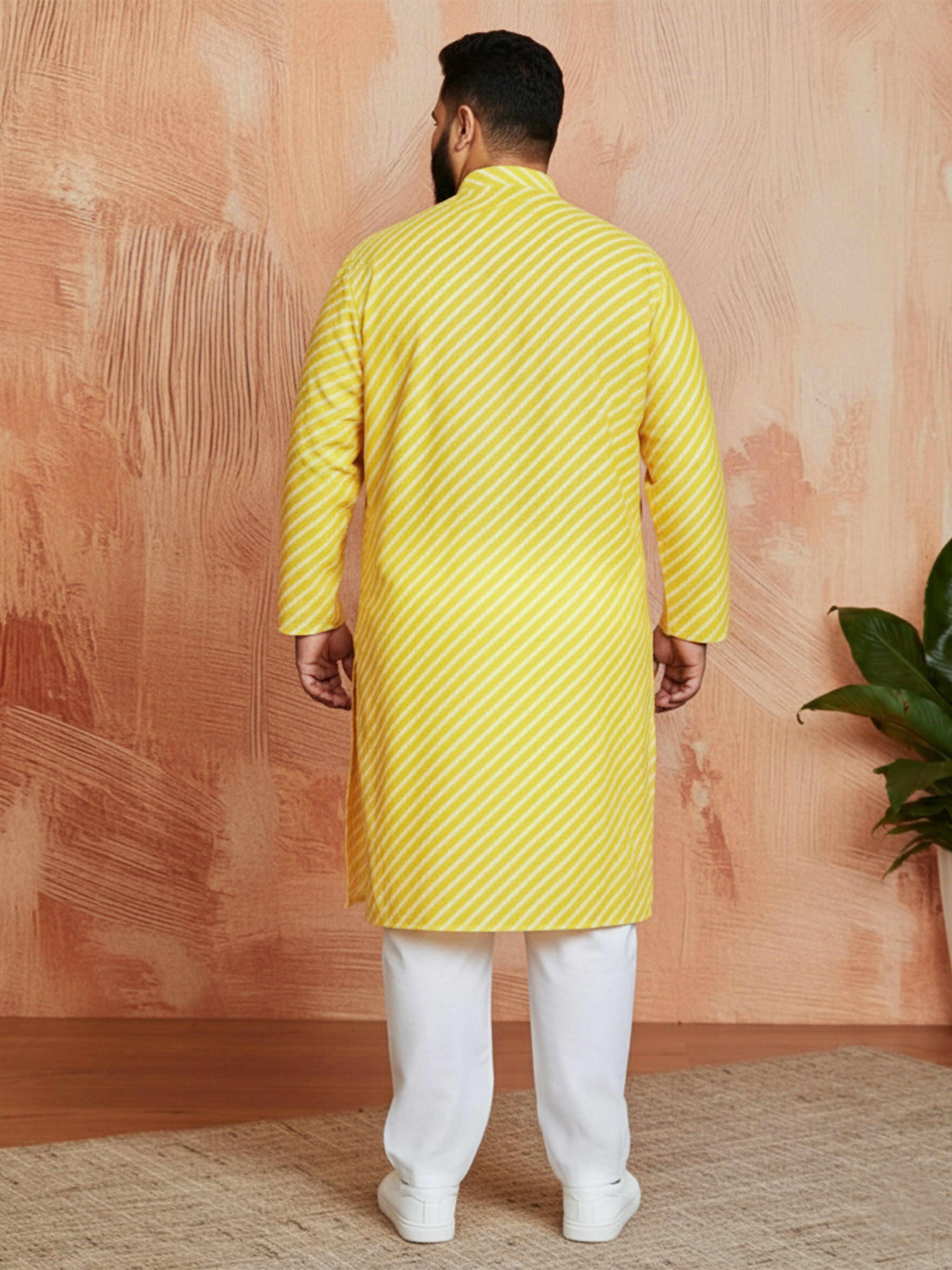 Men's Yellow Cotton Lehariya Print Kurta with Cream Pyjama Set