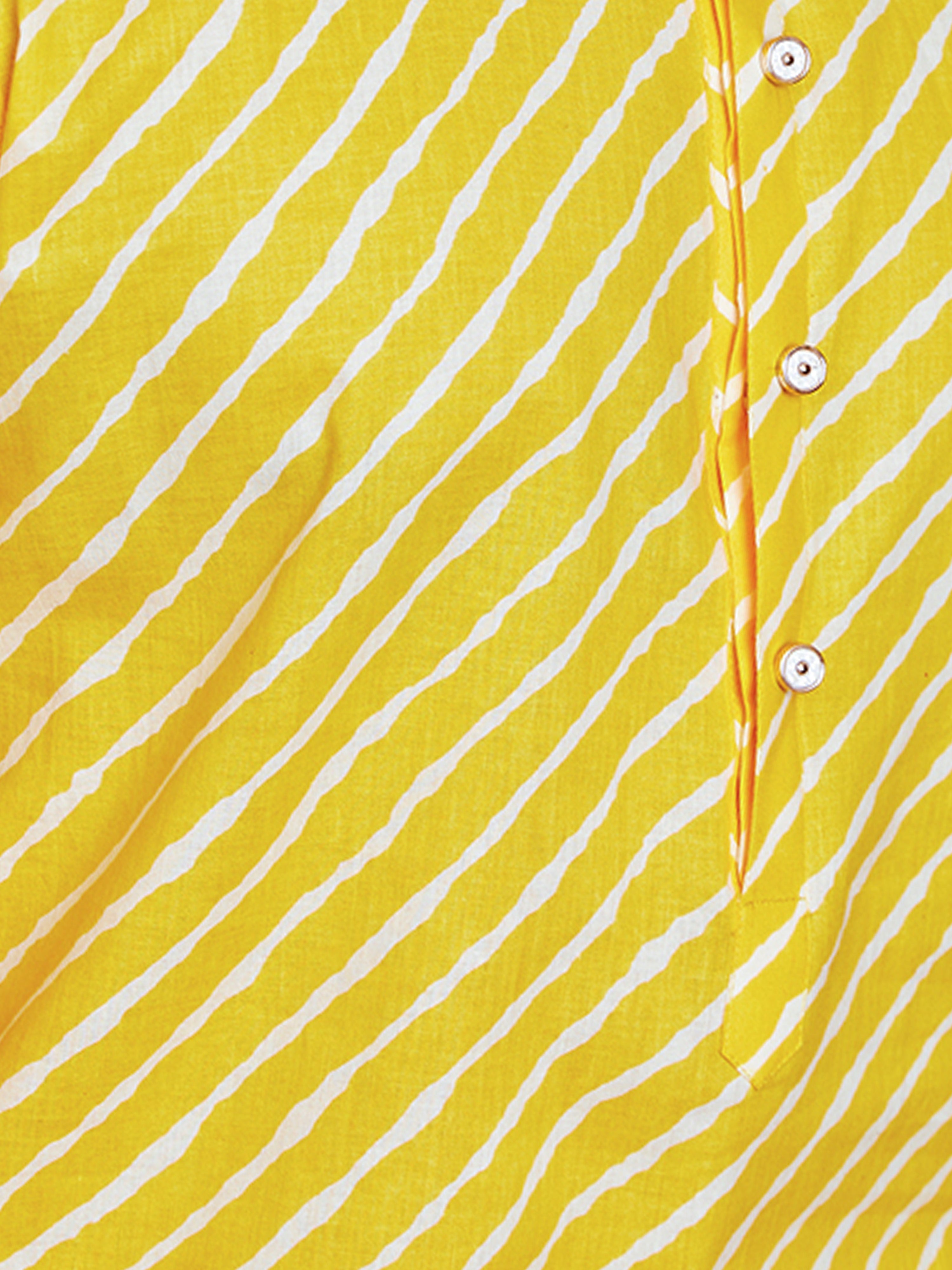 Men's Yellow Cotton Lehariya Print Kurta with Cream Pyjama Set