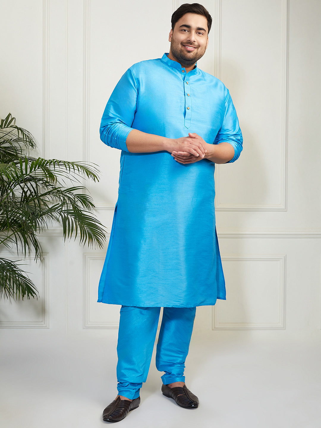 Plus Men's Aqua Silk Blend Kurta Pyjama Set