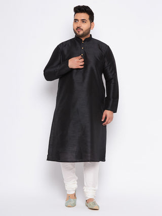 VASTRAMAY Men's Plus Size Black Cotton Silk Blend Kurta and Cream Pyjama Set