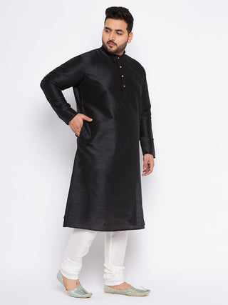 VASTRAMAY Men's Plus Size Black Cotton Silk Blend Kurta and Cream Pyjama Set
