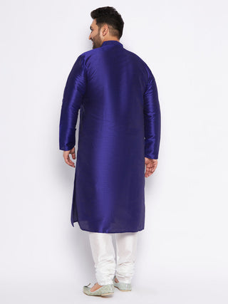 VASTRAMAY Men's Plus Size Dark Blue Silk Blend Kurta And White Pyjama Set