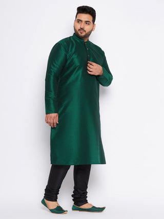 VASTRAMAY Men's Plus Size Green Silk Blend Kurta And Black Pyjama Set