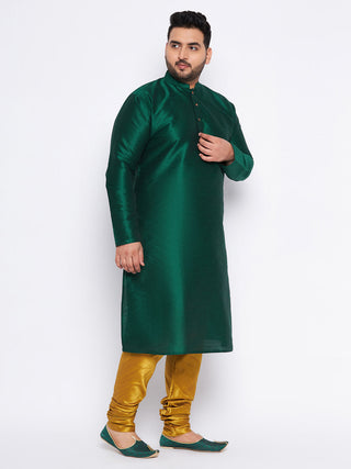 VASTRAMAY Men's Plus Size Green Silk Blend Kurta And Mustard Pyjama Set