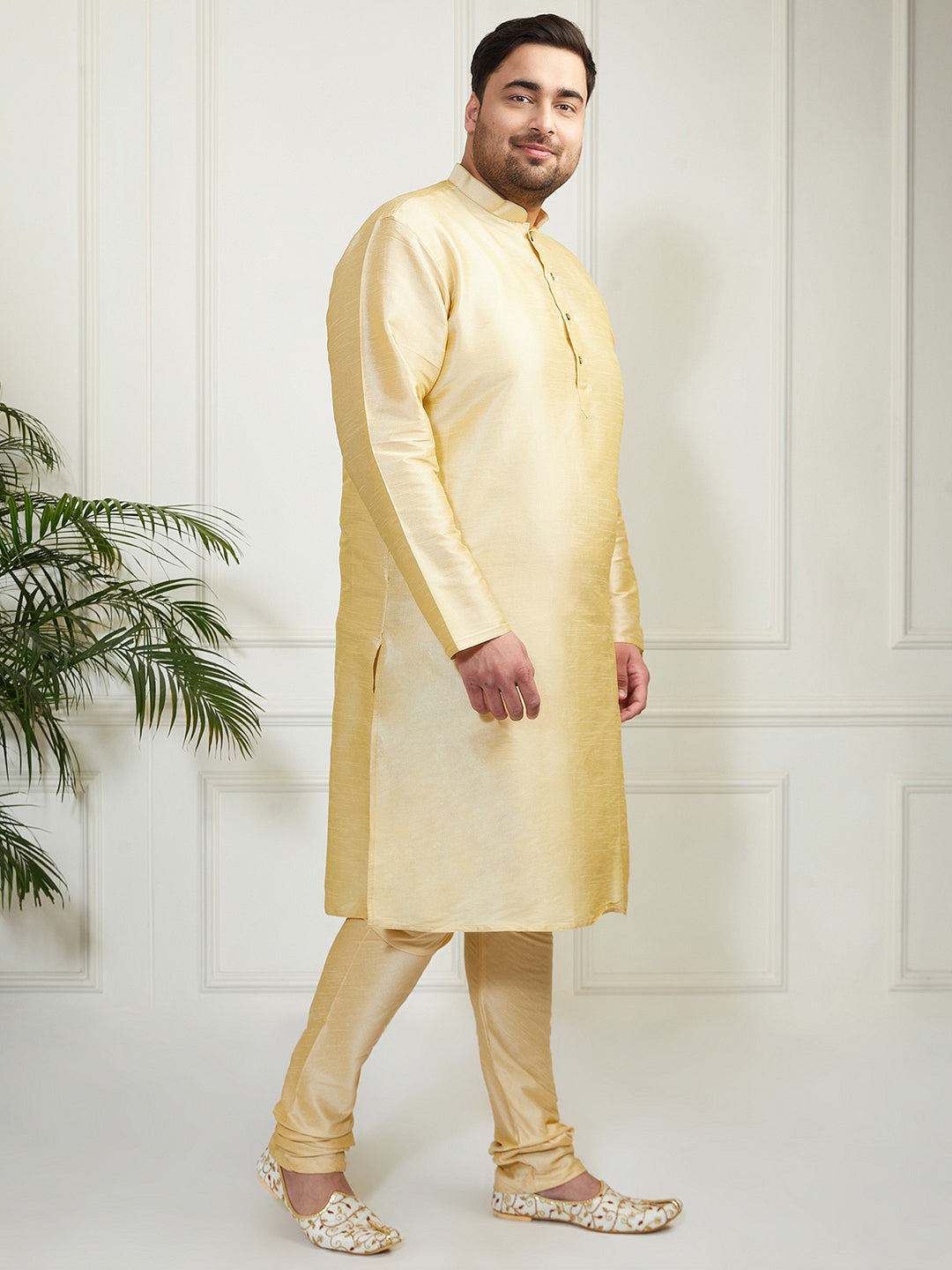 Plus Men's Gold Silk Blend Kurta, Pyjama