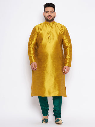 VASTRAMAY Men's Plus Size Mustard Silk Blend Kurta And Green Pyjama Set