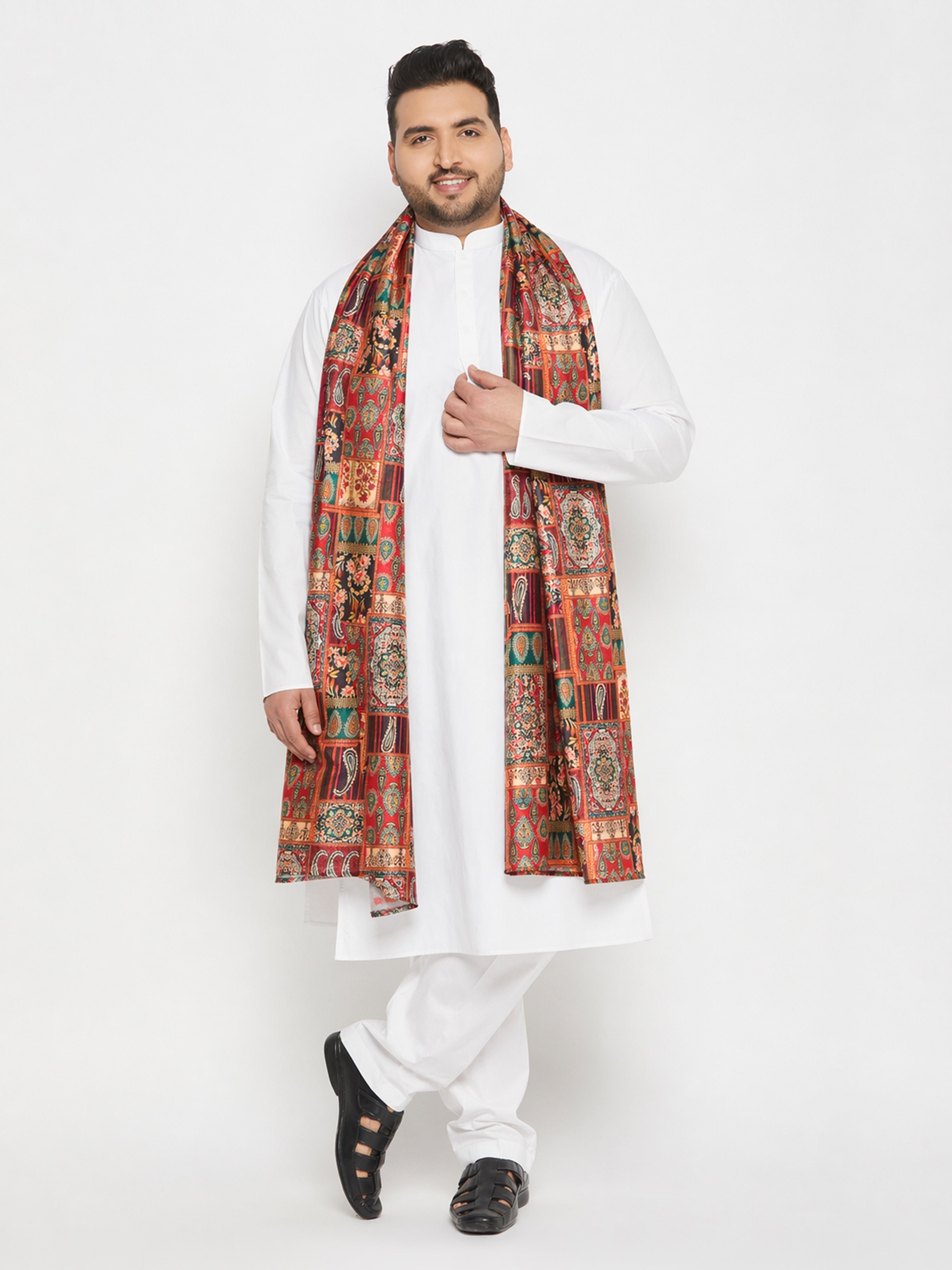 Men's White Cotton Kurta Pant Set with Paisley Dupatta