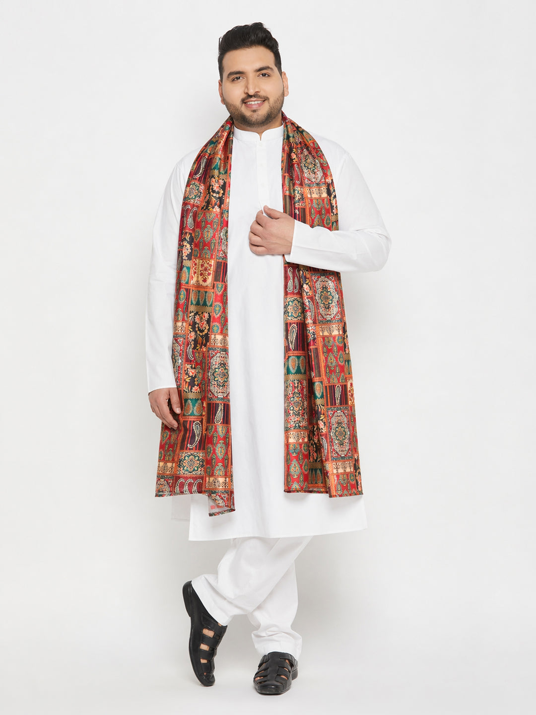 Men's White Cotton Kurta Pant Set with Paisley Dupatta