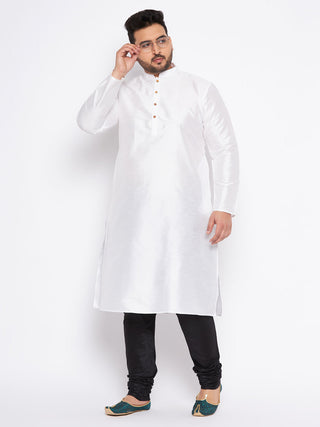 VASTRAMAY Men's Plus Size White Silk Blend Kurta And Black Pyjama Set