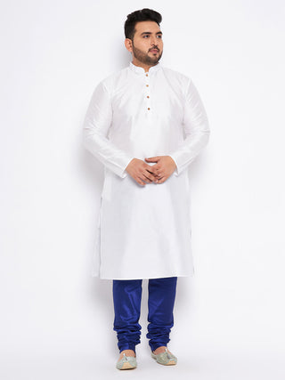 VASTRAMAY Men's Plus Size White Silk Blend Kurta And Blue Pyjama Set
