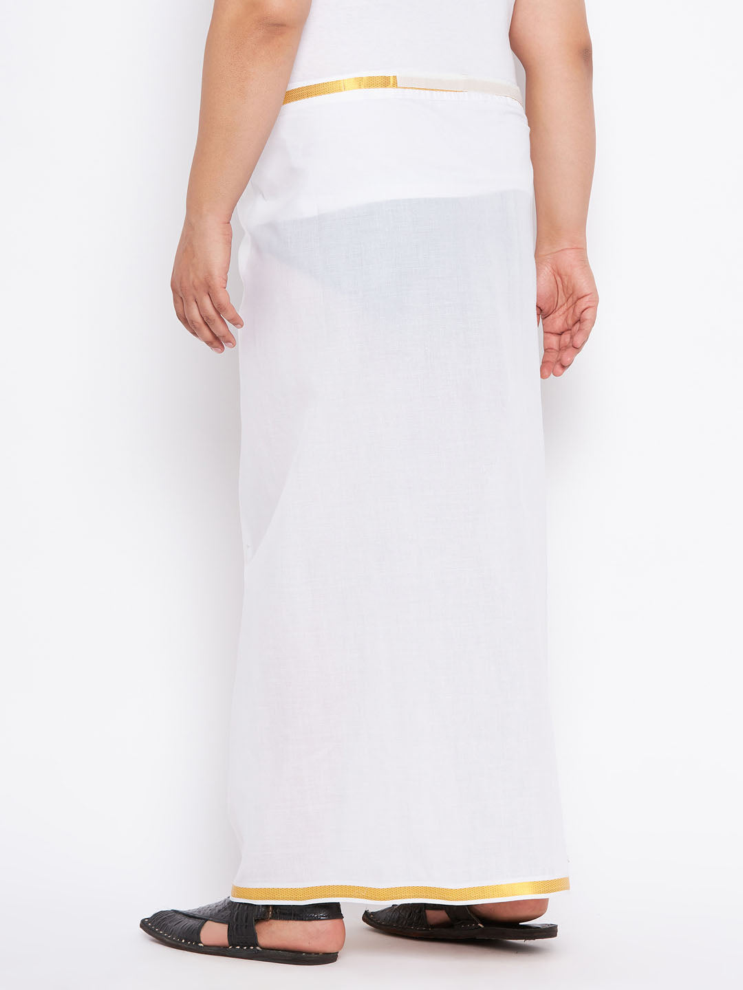 Men's Plus Size White And Gold Dhoti/Mundu/Vesty