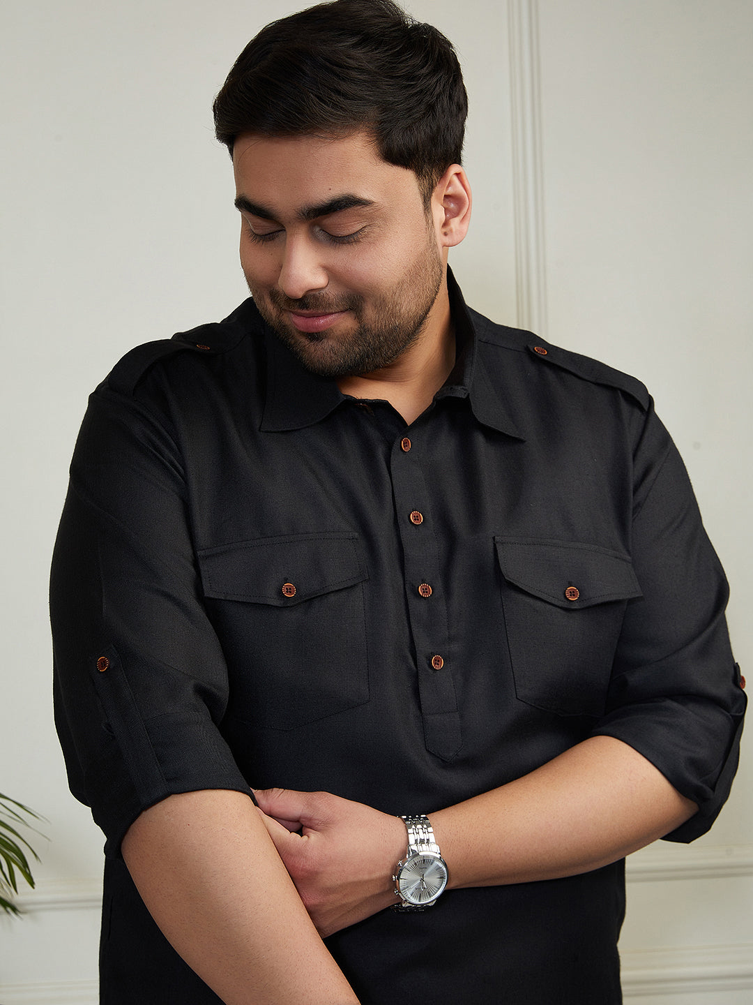 Plus Men's Black And Cream Cotton Blend Pathani Kurta Set