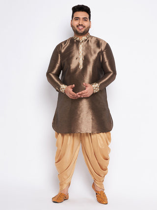 VASTRAMAY Men's Plus Size Gold Silk Blend Curved Kurta And Dhoti Set