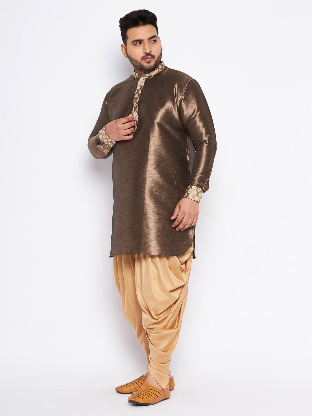 Men's Plus Size Gold Silk Blend Curved Kurta And Dhoti Set