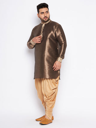 VASTRAMAY Men's Plus Size Gold Silk Blend Curved Kurta And Dhoti Set
