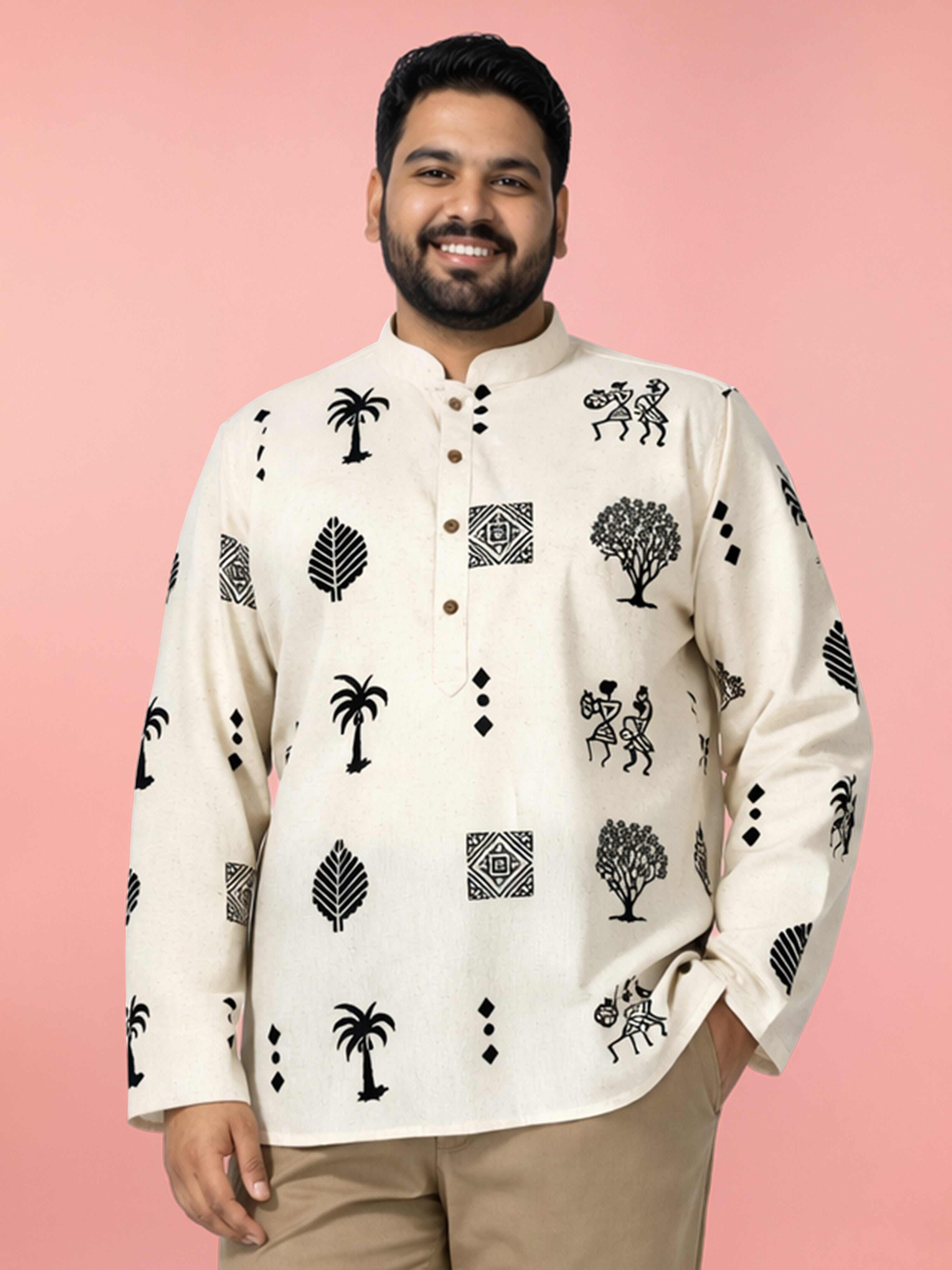 Men's Beige Cotton Thread Work Printed Straight Kurta