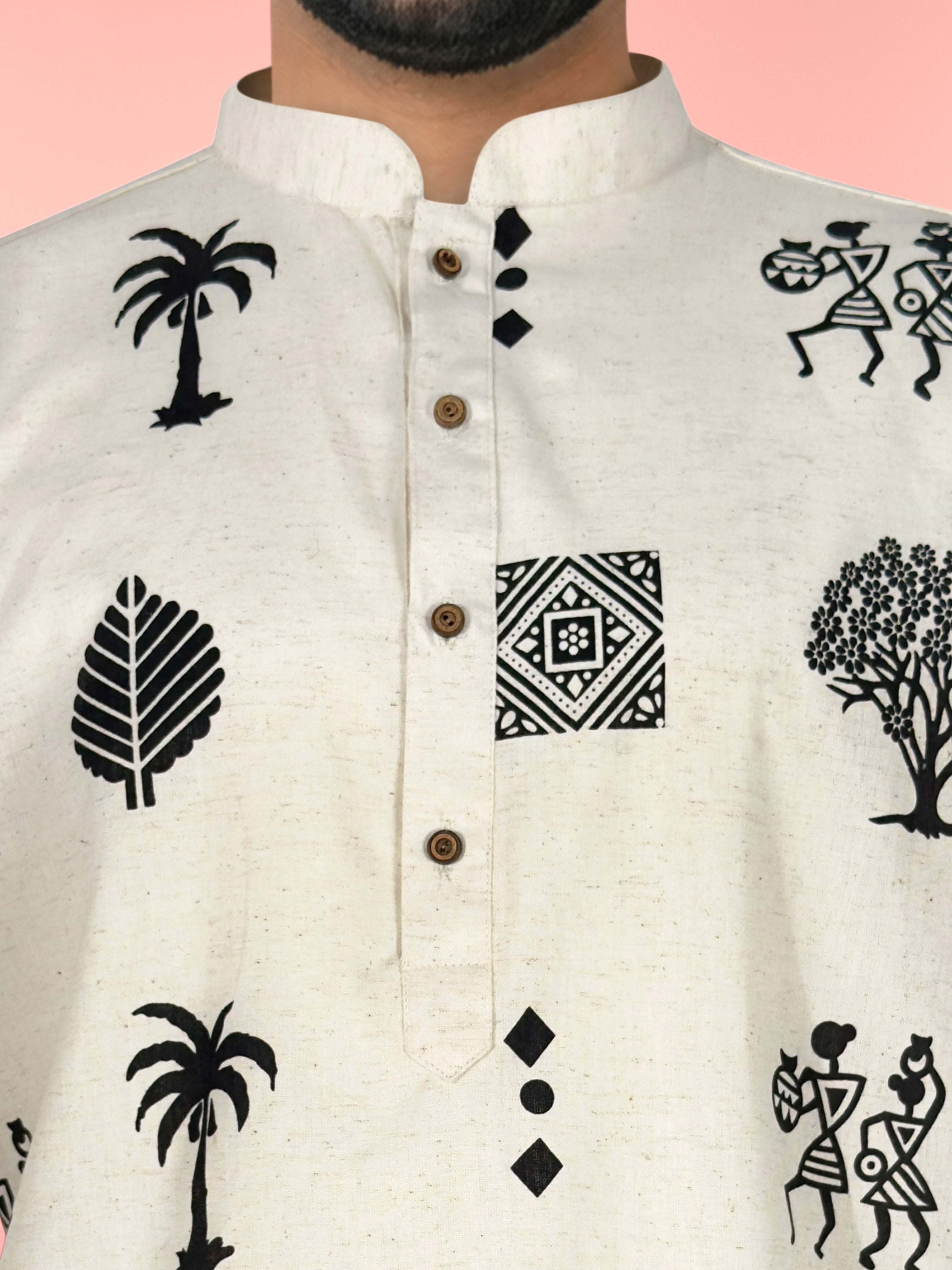 Men's Beige Cotton Ethnic Motiff Regular Kurta