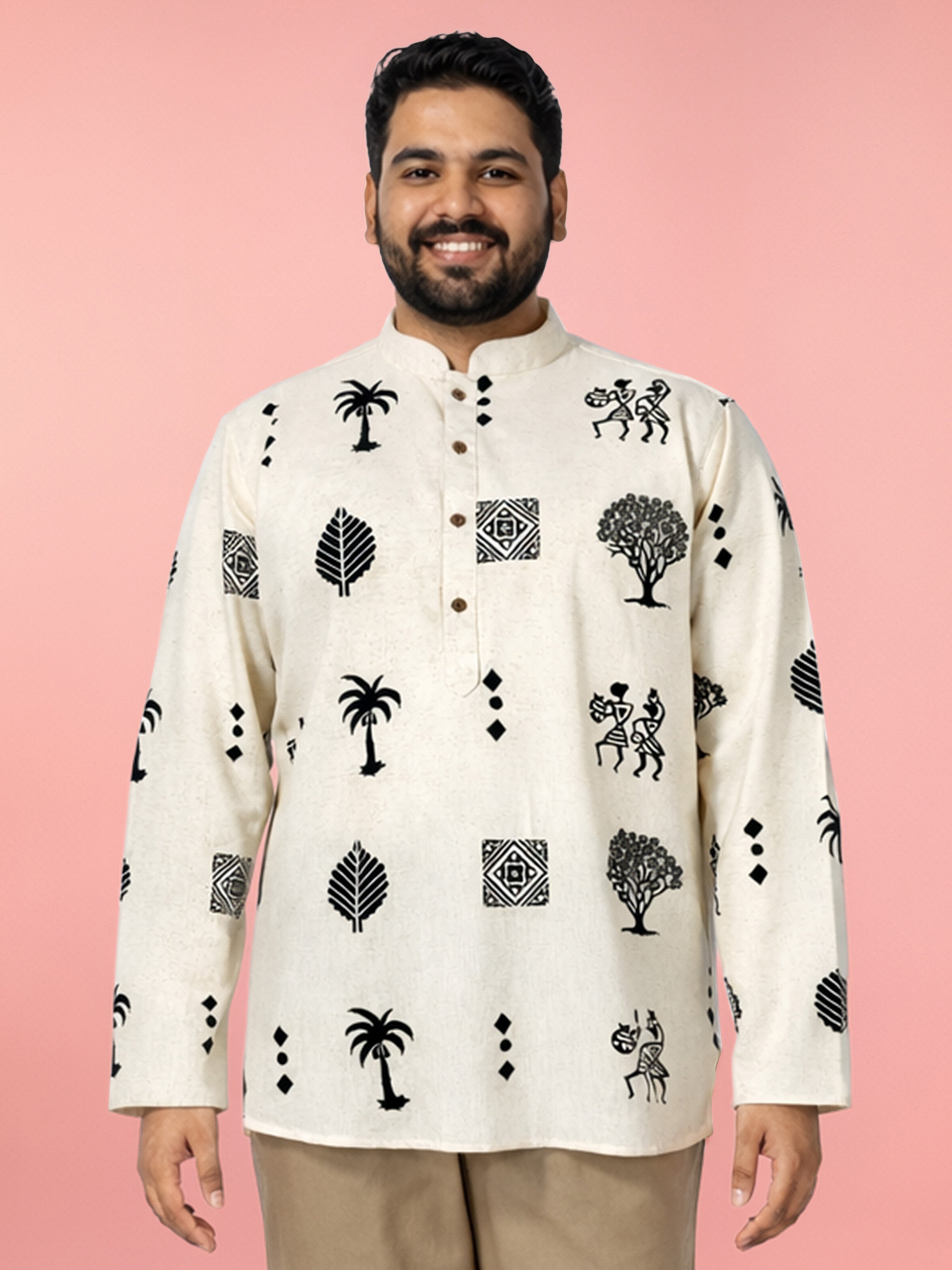 Men's Beige Cotton Ethnic Motiff Regular Kurta