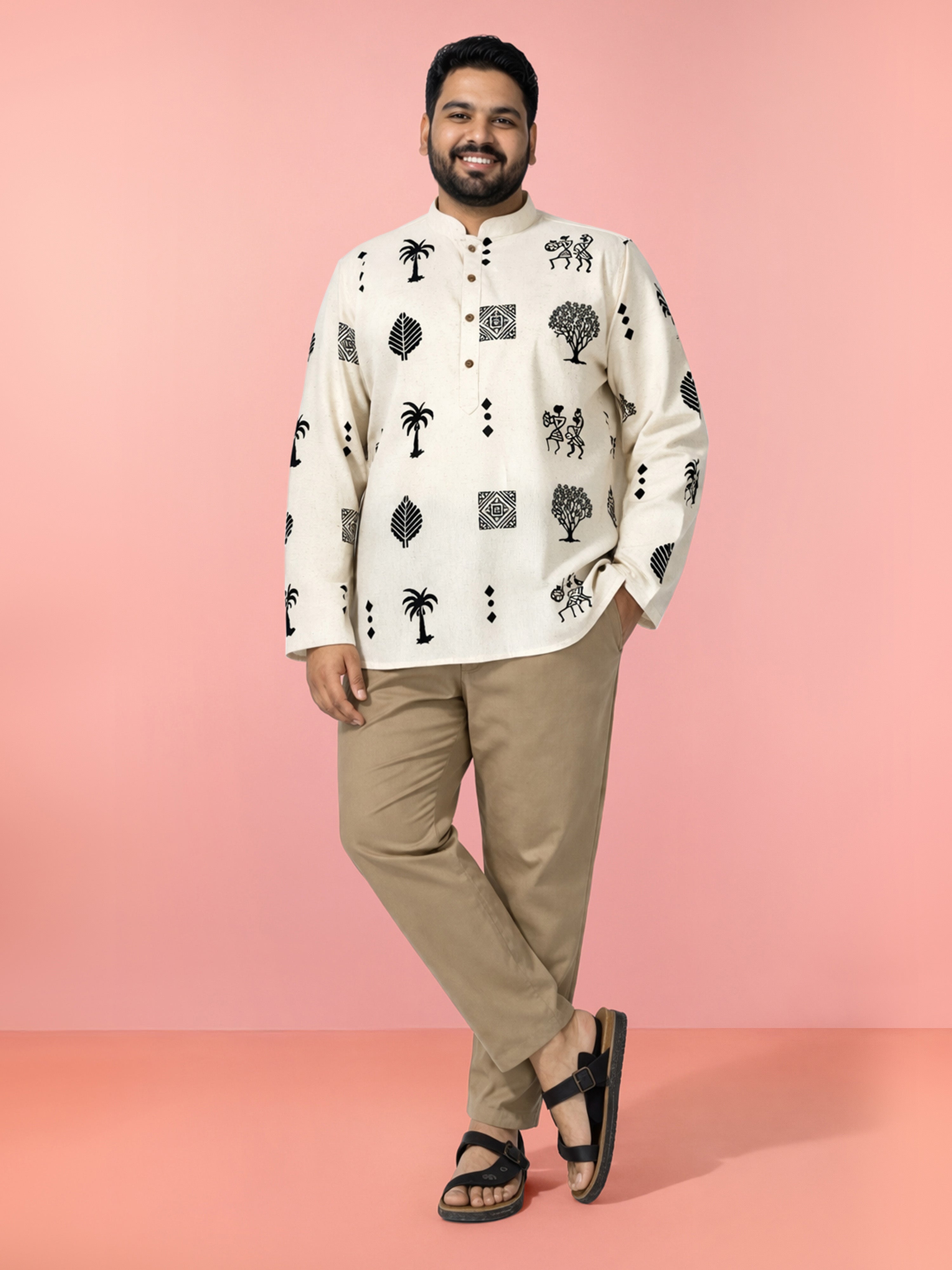 Men's Beige Cotton Ethnic Motiff Regular Kurta