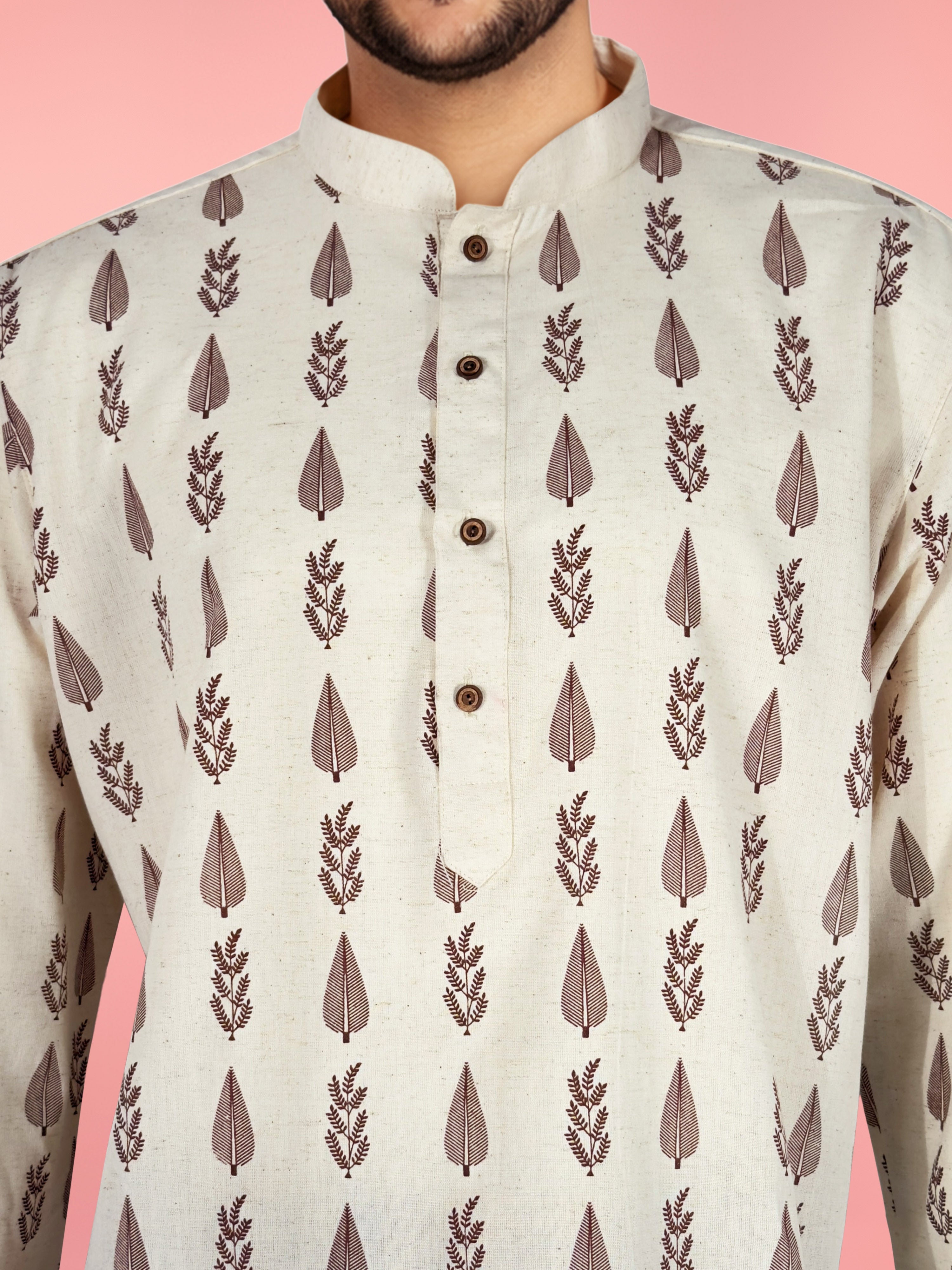 Men's Beige Cotton Ethnic Motiff Thigh Length Kurta